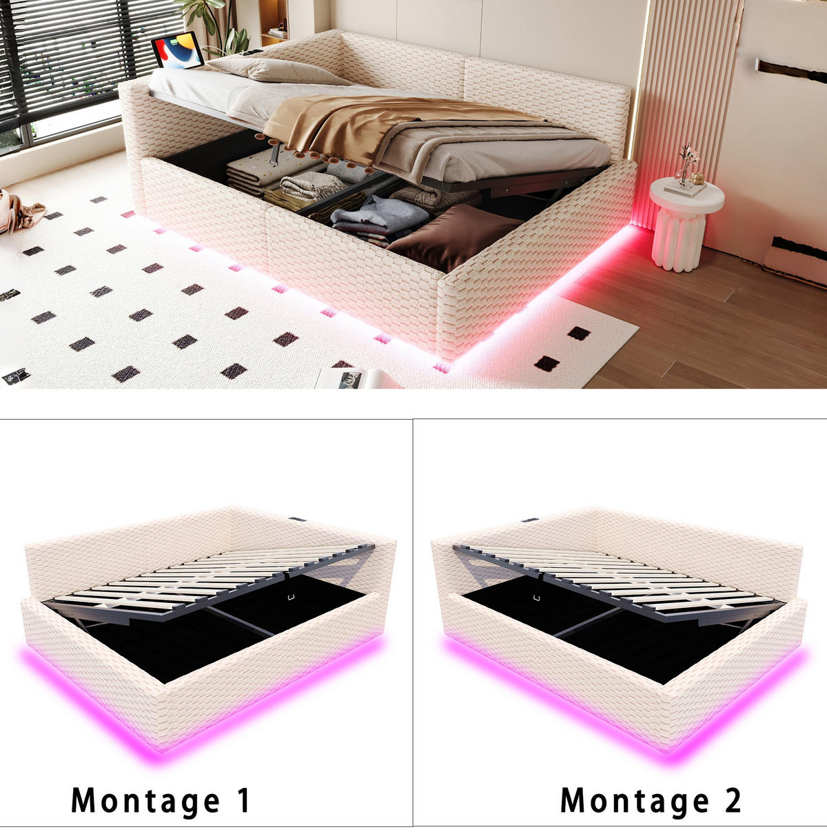 POLSTERBETT 140/200 cm aus Samt mit LED-Beleuchtung, USB-C, Beige - Beige, Textil (140/200cm) - OKMYHOME