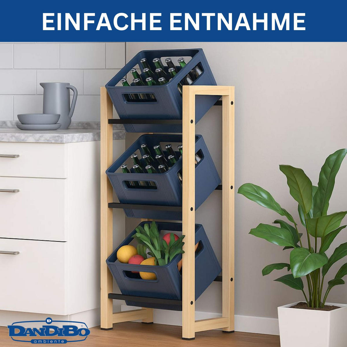 GETRÄNKEKISTENREGAL 3 Kisten Holz Bambus Metall 96656 - Edelstahlfarben, Holzwerkstoff (54/112/32cm) - DanDiBo