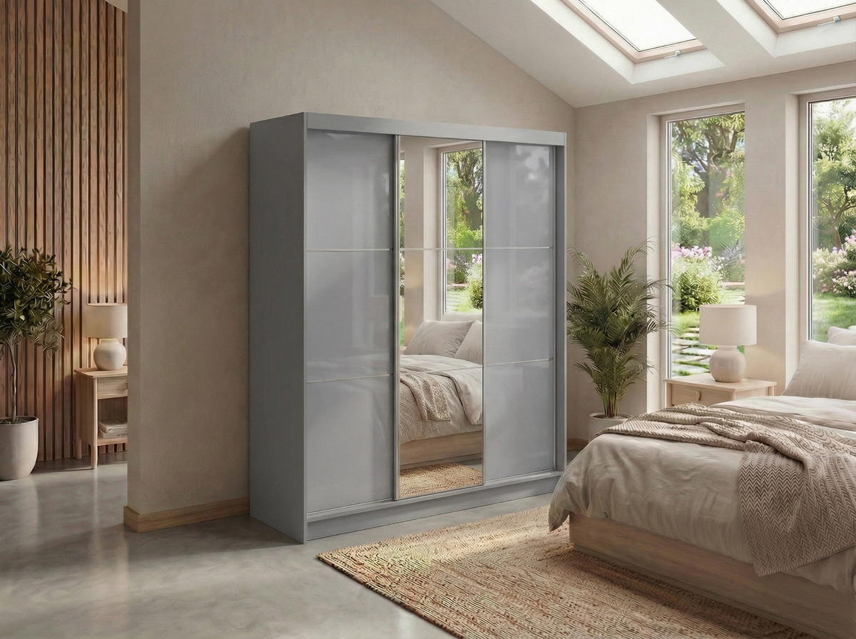 SCHWEBETÜRENSCHRANK mit Spiegel und Schubladen - WALENCJA - 180 - Grau lacobel - Alufarben/Grau, Holzwerkstoff/Metall (180/216/61cm) - MKS