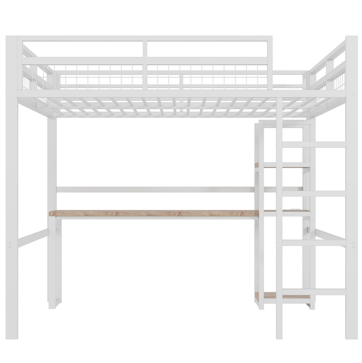 VISOKI krevet od metala 140x200 cm bijeli sa stolom, policama, utičnicom, USB i Type-C priključkom - bijela, metal (90/200cm) - Modfu