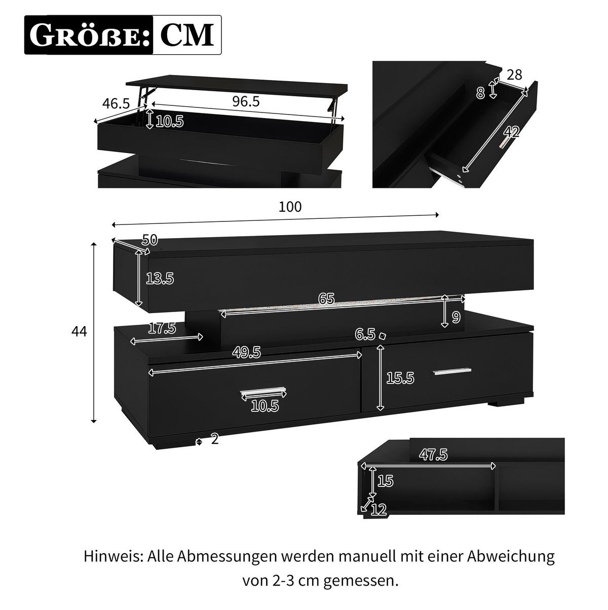 COUCHTISCH 100/50/44 cm mit LED-Beleuchtung und höhenverstellbarer Tischplatte - Weiß, Holzwerkstoff (100/50/44cm) - Flora Grace