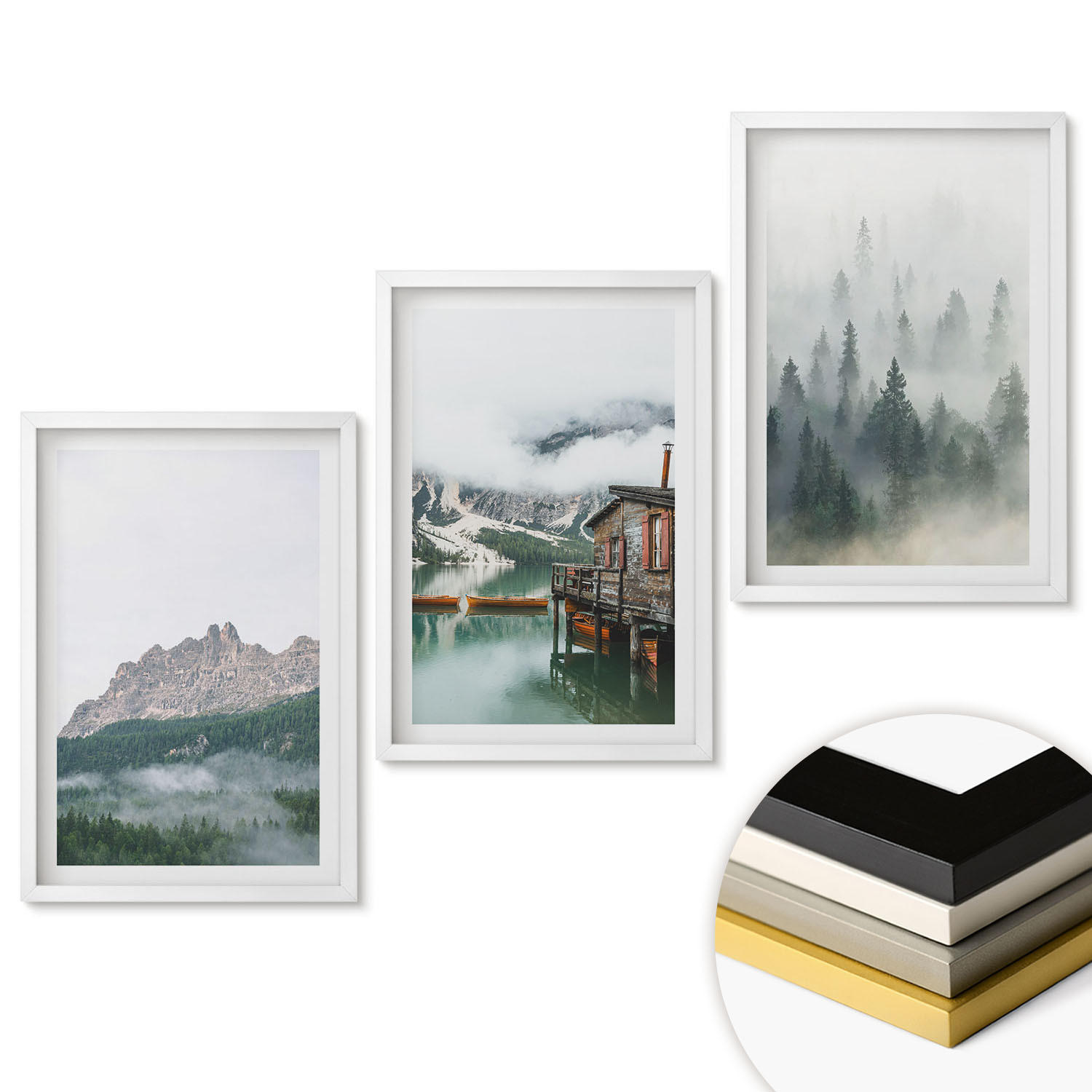 WANDBILDER 3er-Set - 40x60 cm Weißer Rahmen - Berge, See, Hütte, Nebel - Weiß, Kunststoff (40/60cm) - ArtPrintCave