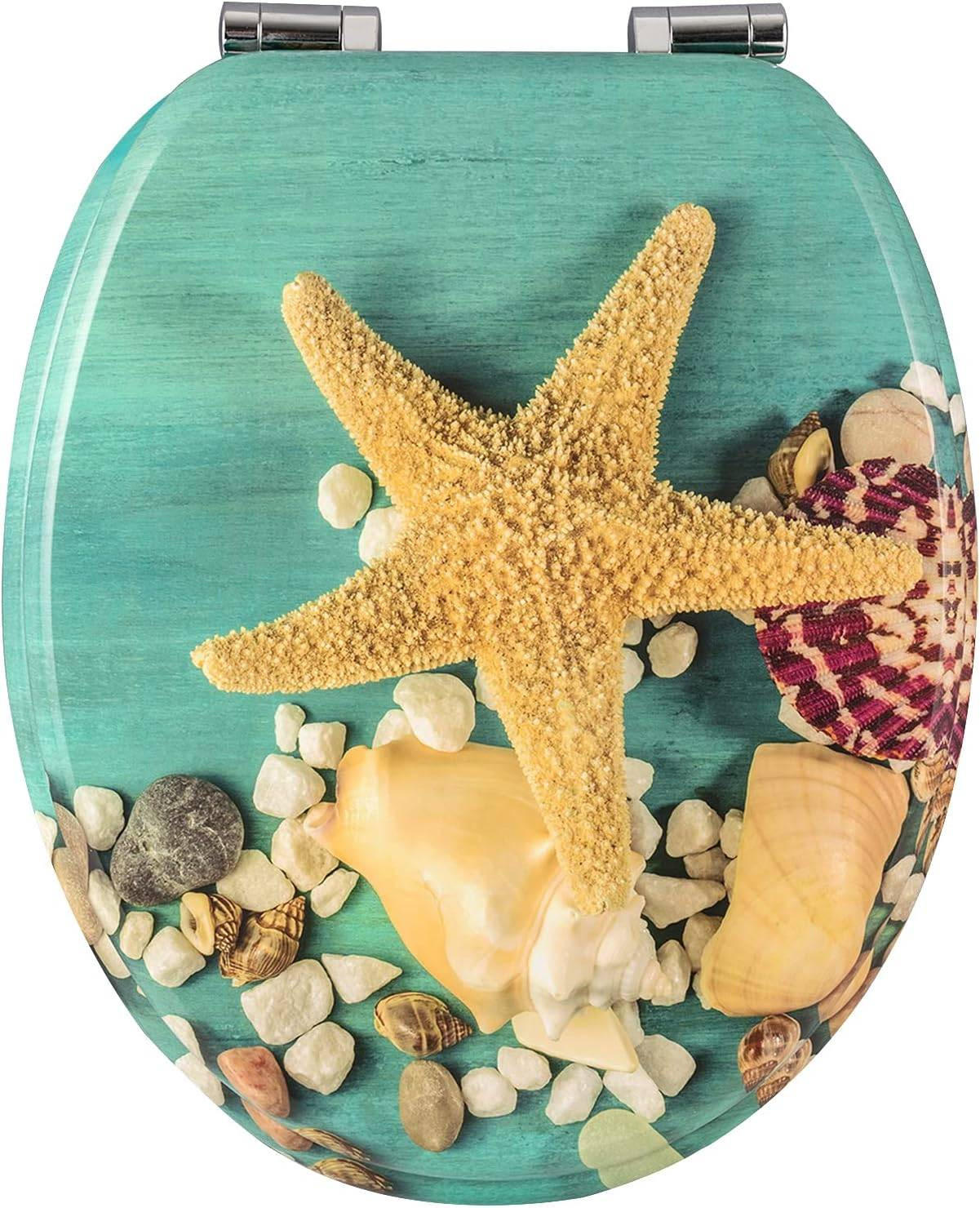 WC SITZ mit Absenkautomatik, MDF Holzkern,Groß Seestern - Gelb/Grün, Holzwerkstoff (37/2.5/43cm) - Woltu