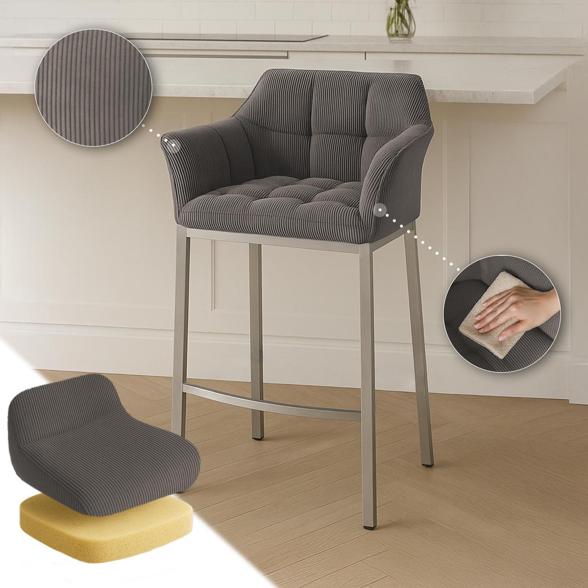 BARHOCKER Damaso Cordbezug 110x64x48 cm taupe - Taupe, Metall (64/110/48cm) - furnicato