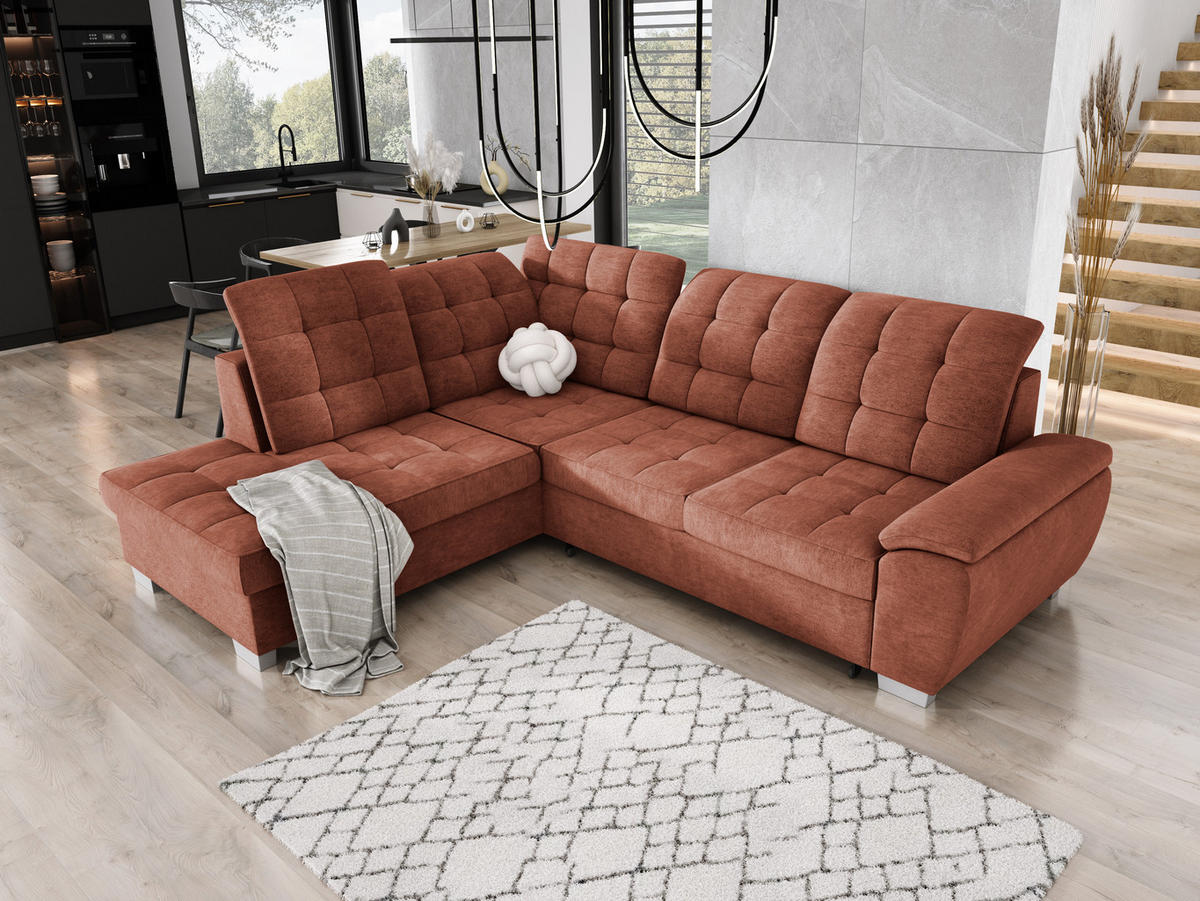 ECKSOFA LOTTA L-förmig Bettkasten verstellbare Kopfstützen hochwertige Verarbeitung lose Rückenkissen freistehend LINKS 212x258x106 cm Dark orange - Dunkelorange, Holz/Textil (212/258cm) - DomoHome
