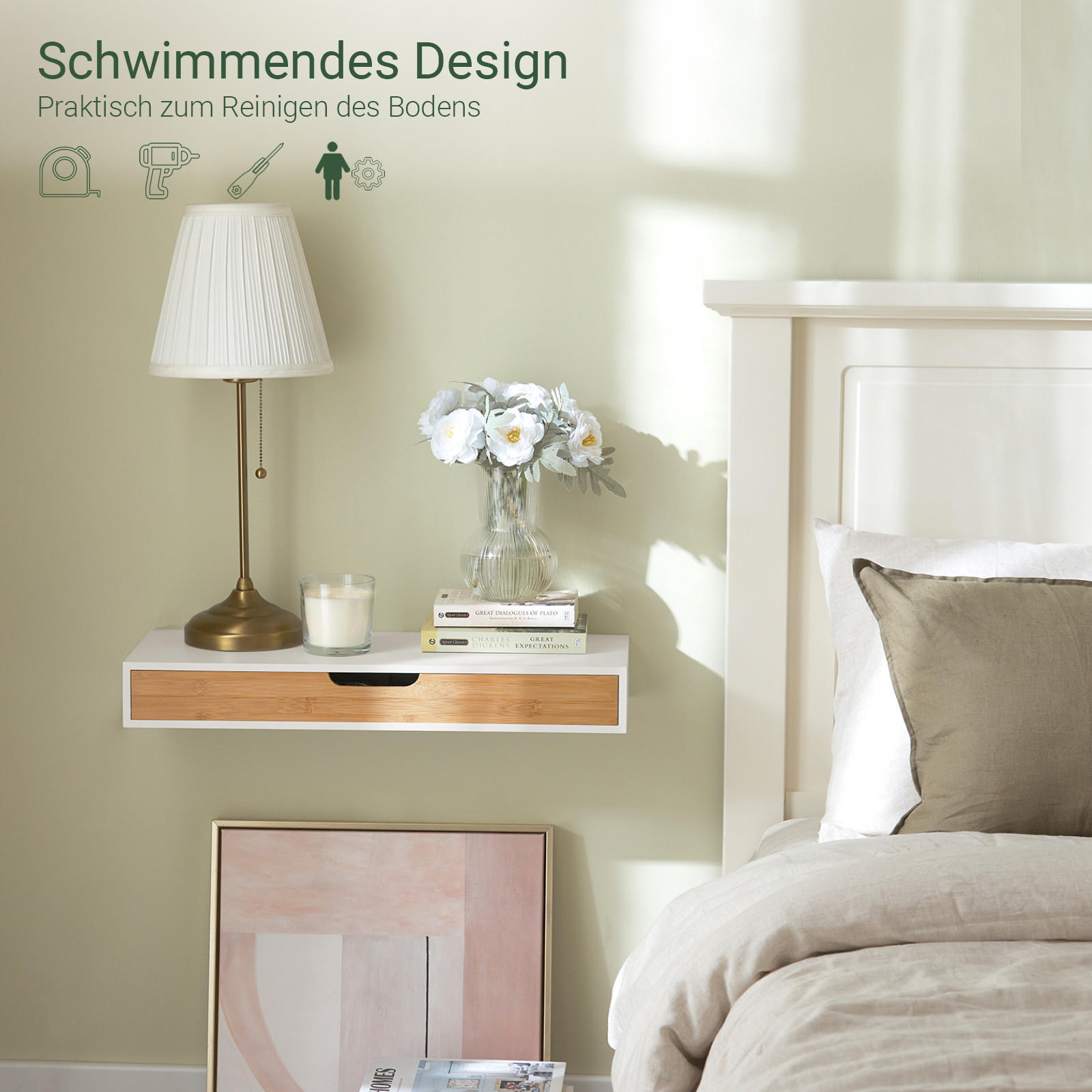 WANDREGAL mit Schublade Bambus Weiß-Natur 60x24x8cm - Weiß/Naturfarben, Holzwerkstoff (60/8/25cm) - SoBuy