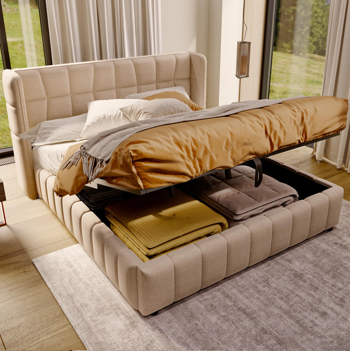 POLSTERBETT 180/200 cm mit Stauraum, Lattenrost und gepolstertem Kopfteil aus Leinen, Beige - Beige, Textil (180/200cm) - Redom