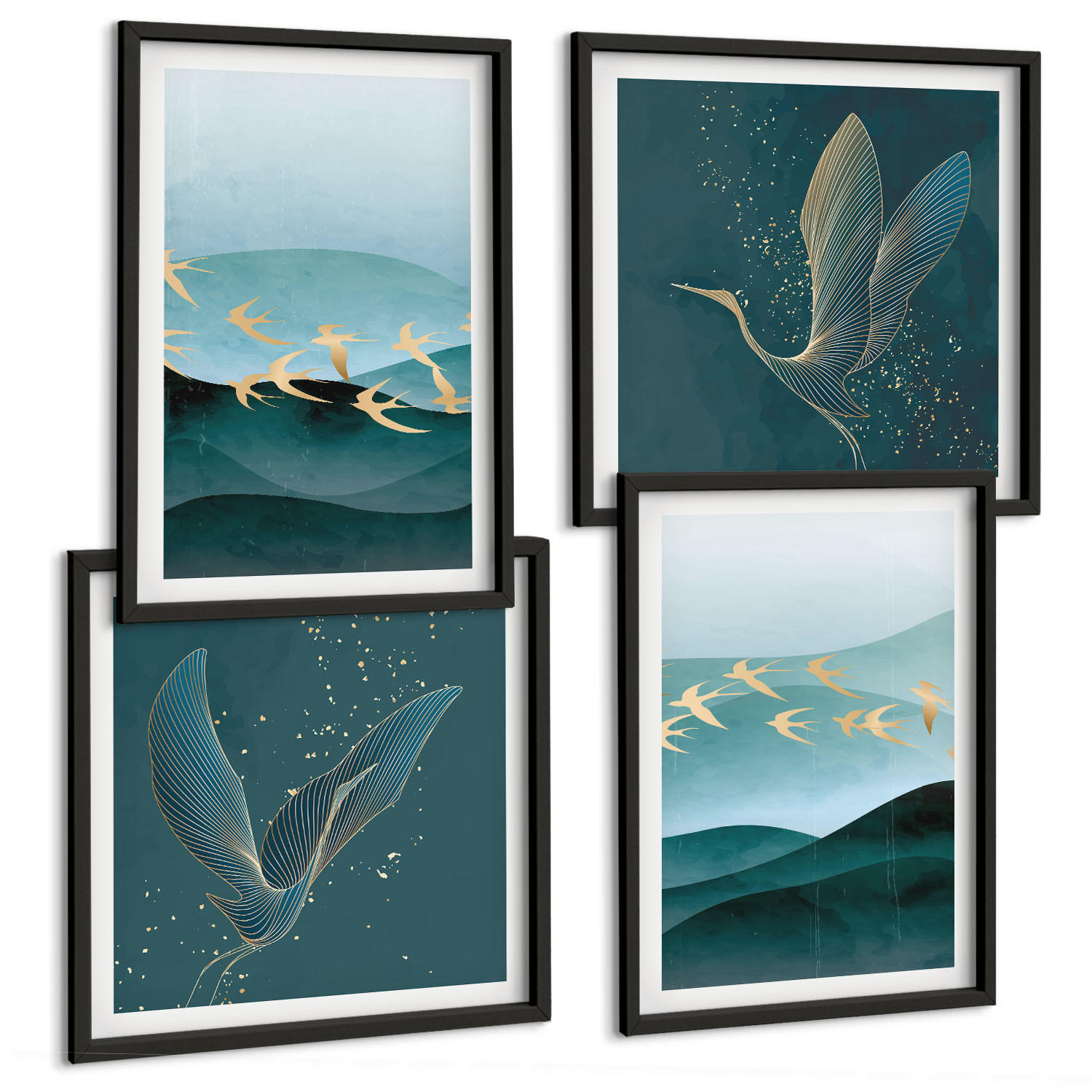 BILDER SET 4er Set - 50x50 cm & 40x60 cm Schwarzer Rahmen - Abstrakte Landschaften von Vogelwellen - Schwarz, Kunststoff (50/50cm) - TULUP