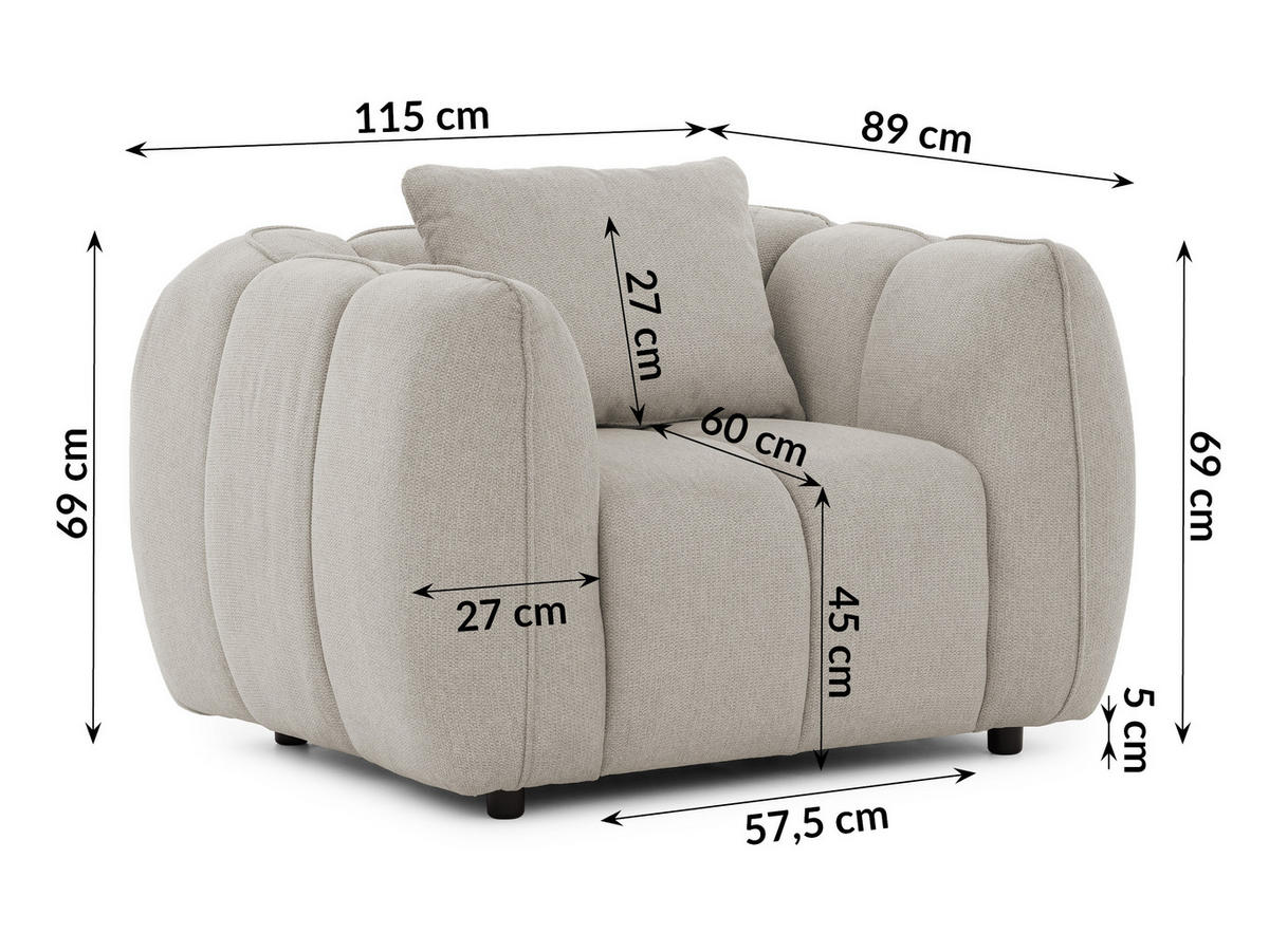 KRESLO Nubira v hlboko prešívanom dizajne Bubble z mäkkej štruktúrovanej látky v taupe farbe s moderným vzhľadom - čierna/taupe, drevo/textil (115/69/89cm) - S-Style