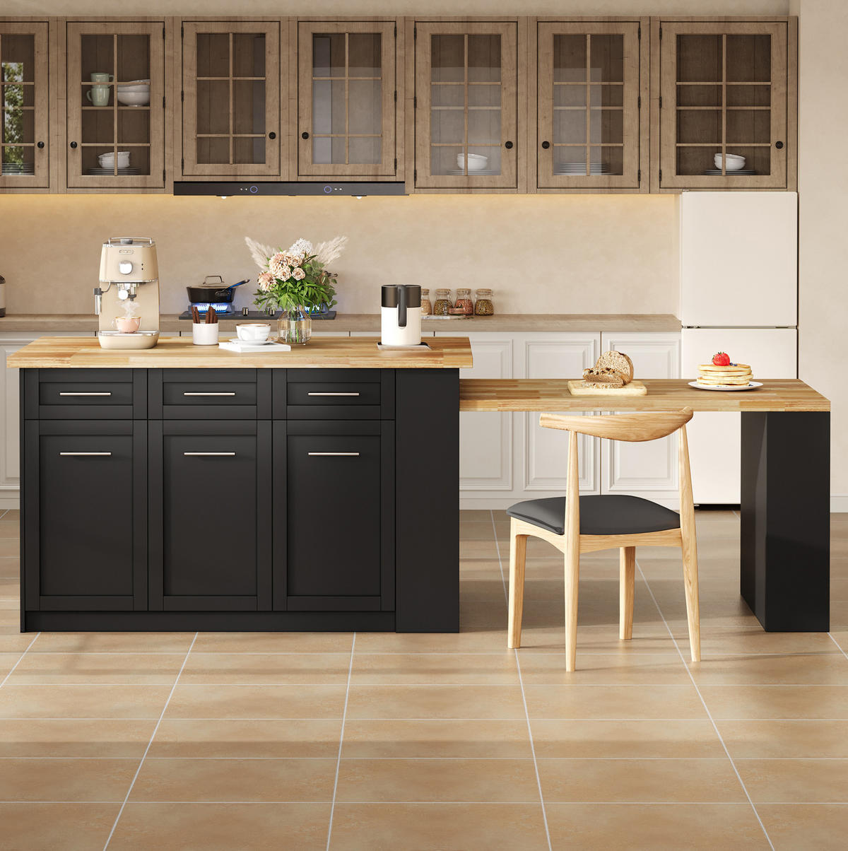 KÜCHENINSEL mit ausziehbarem Esstisch 150 x 90 x 90 cm MDF Natural and Black - Naturfarben, Holz (90/90/150cm) - Beauniv