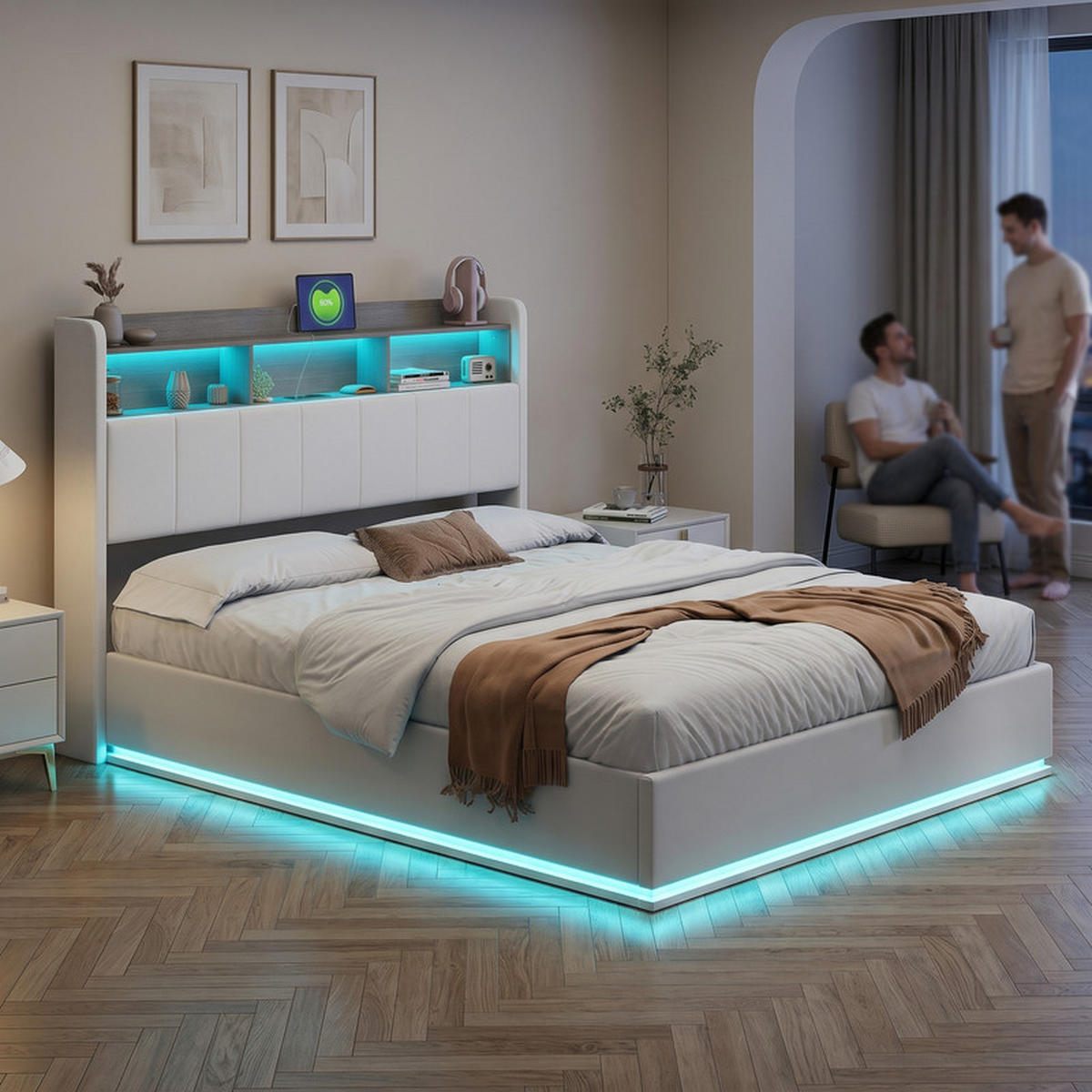 ČALÚNENÁ posteľ 140/200 cm béžová s úložným priestorom a RGB LED osvetlením - béžová, drevo - SHOPENTRA
