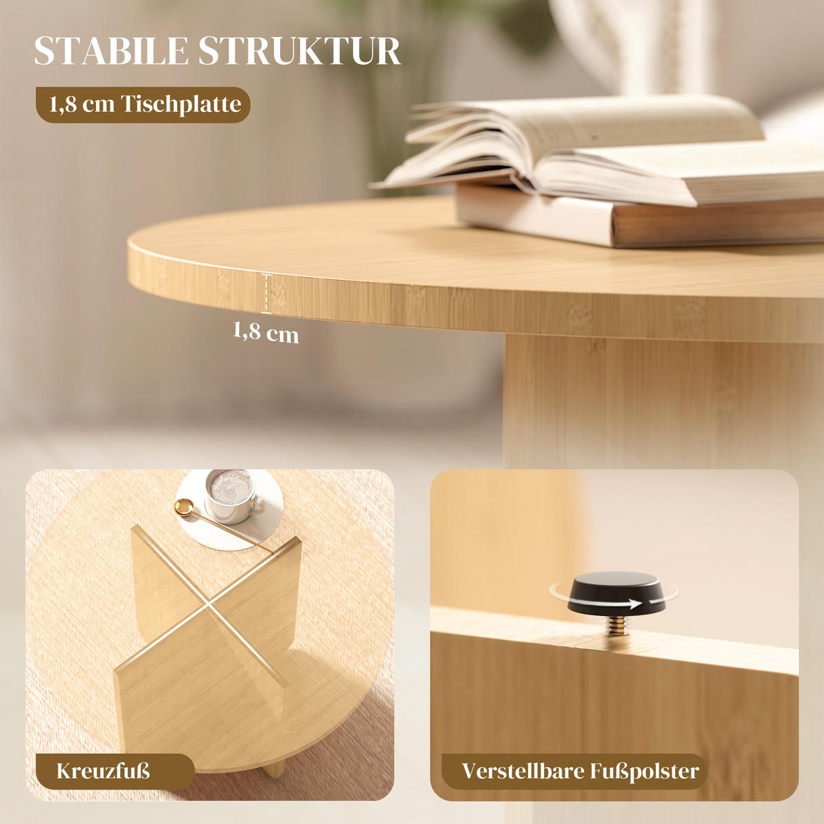 COUCHTISCH rund Ø66/45 cm - Naturfarben, Holz/Bambusholz (66/66/45cm) - HOMCOM