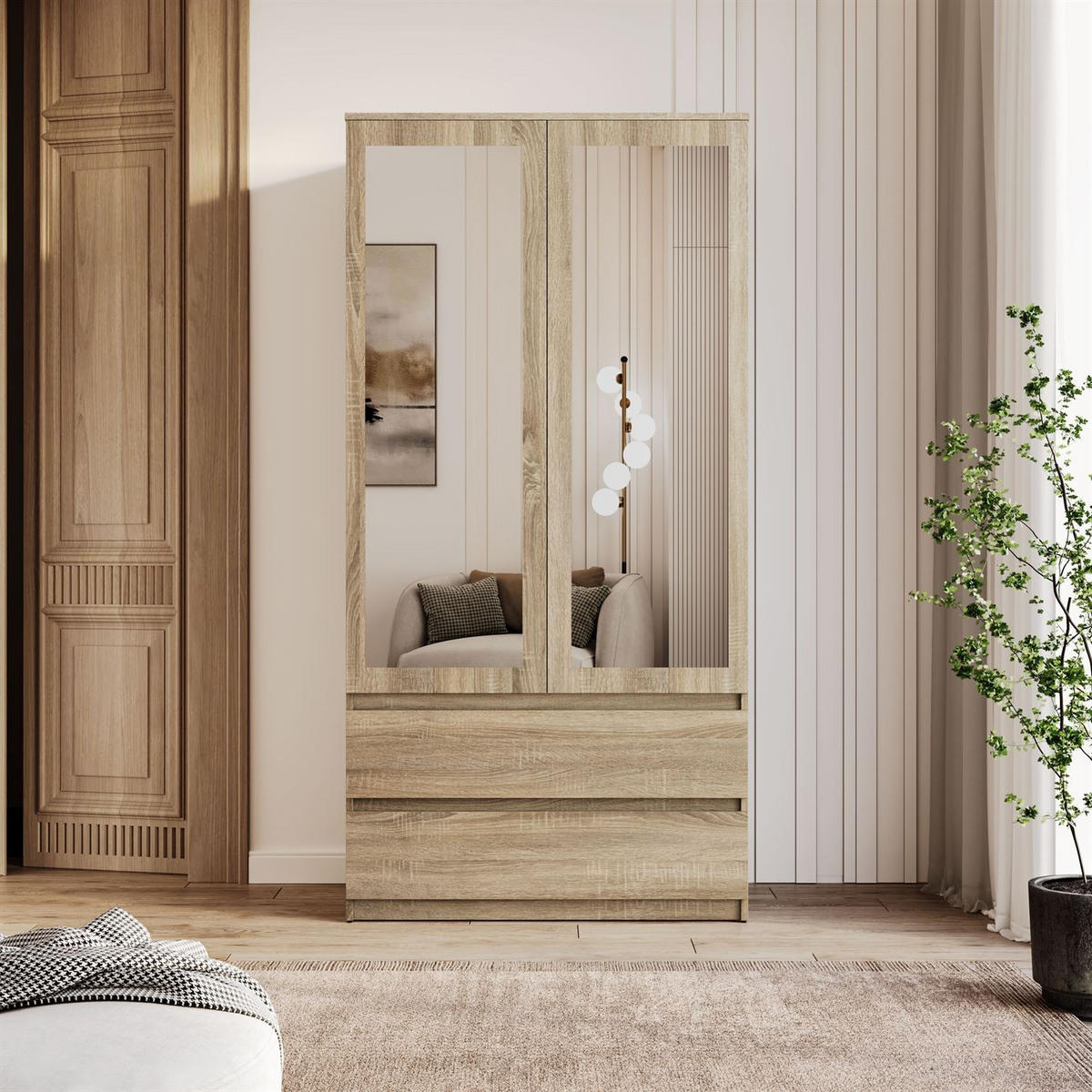 SCHRANK HANA SS-90 mit Spiegel Sonoma Eiche - Sonoma Eiche, Holzwerkstoff (90/180/50cm) - Lookway