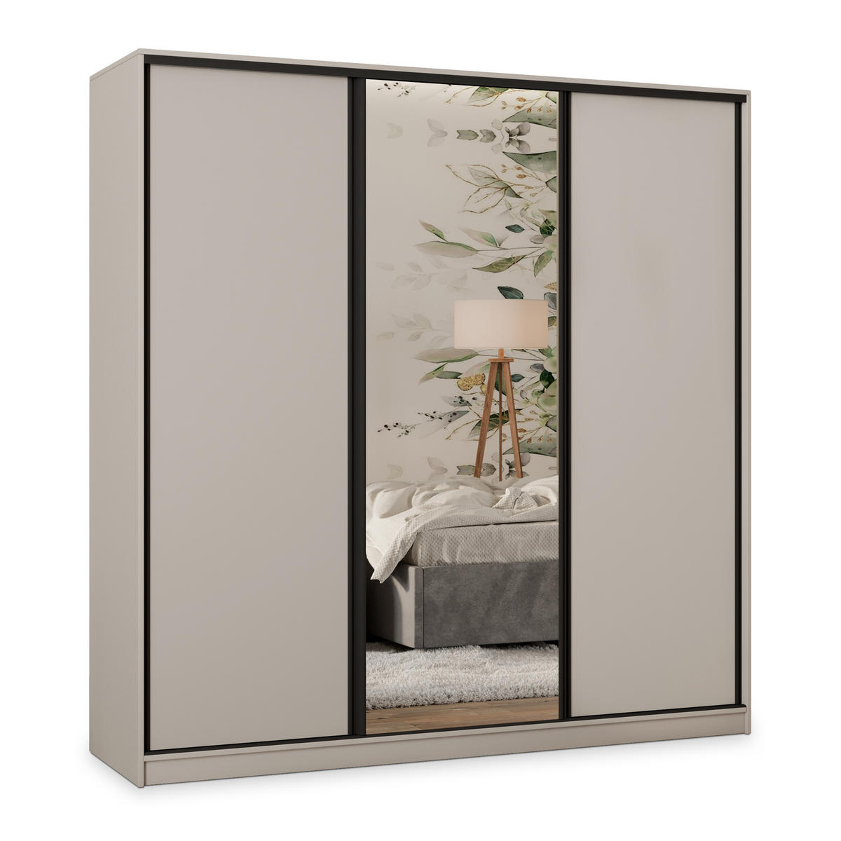 SCHWEBETÜRENSCHRANK TARI 180/205/58 cm 3-türig mit Spiegel und Schubladen Kaschmir - Kaschmir/Schwarz, Holzwerkstoff (180/205/58cm) - MASSENO