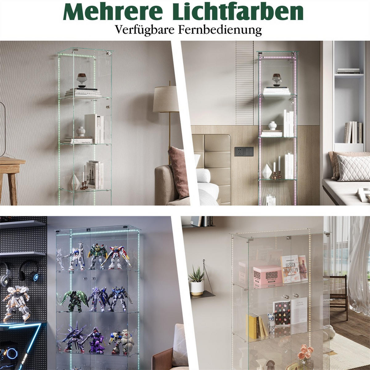 VITRINE - Glasvitrine mit 1 Tür und 4 Ebenen - integrierte LED-Streifen-Beleuchtung - Schwarz - Schwarz, Glas (39.8/163/35cm) - DELFA