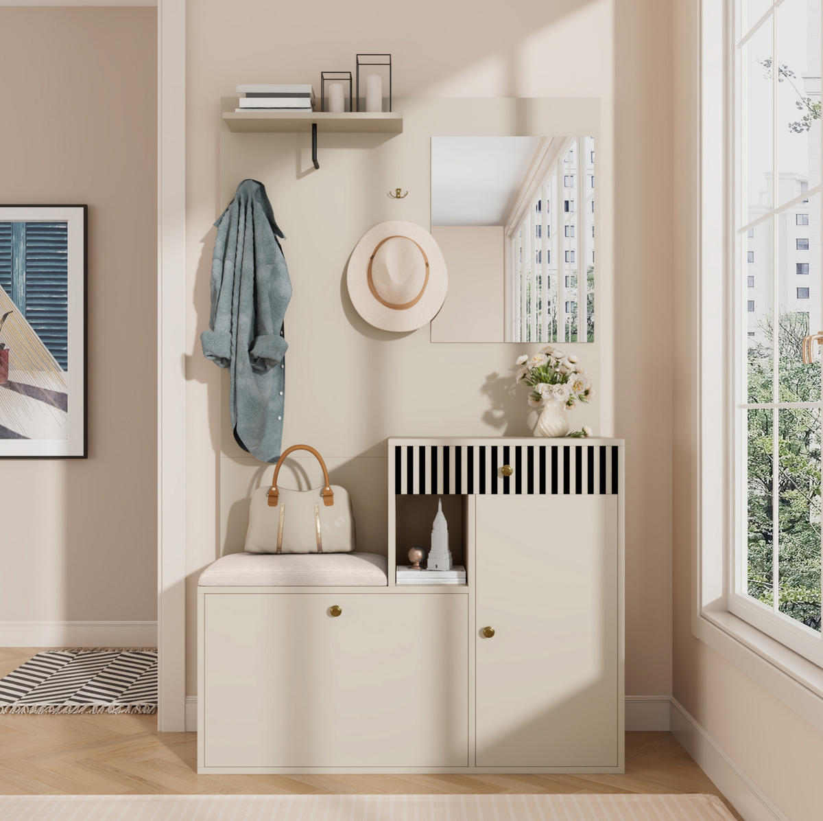 SCHUHSCHRANK aus MDF 110x185,5x37cm in Beige mit Spiegel - Beige, Holzwerkstoff (110/185.5/37cm) - Modfu