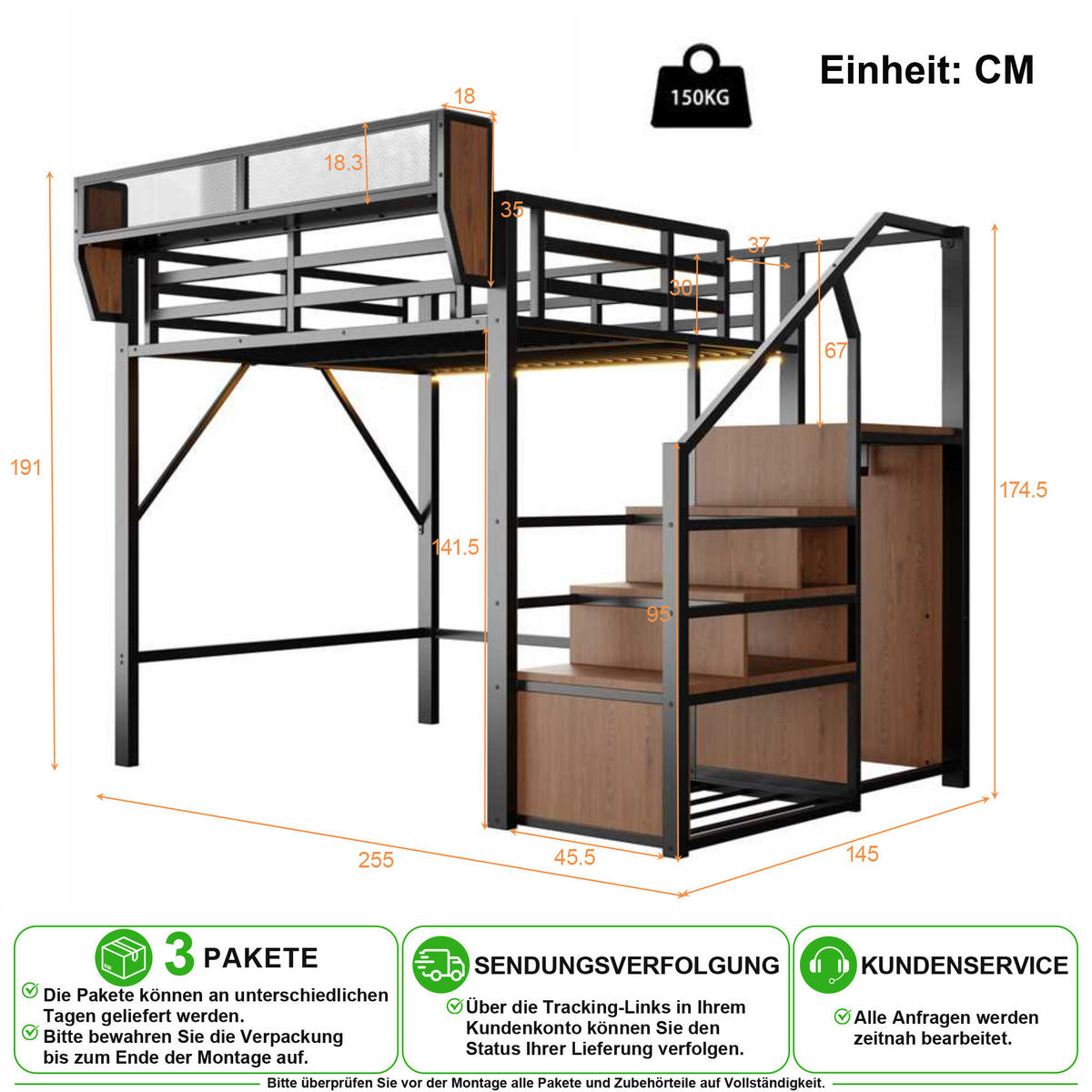 HOCHBETT 140/200 cm in Schwarz mit LED, Leiter und Stauraum aus Metall - Schwarz, Holzwerkstoff/Metall (140/200cm) - CHICFURN
