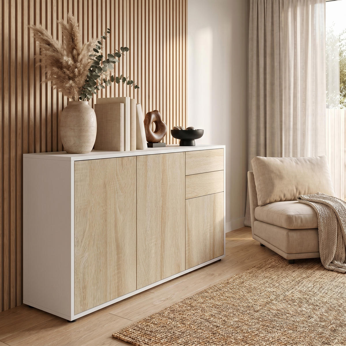 KOMMODE Ben Front in Eiche sägerau - Eiche San Remo, Holzwerkstoff (117/74/36cm) - Vladon