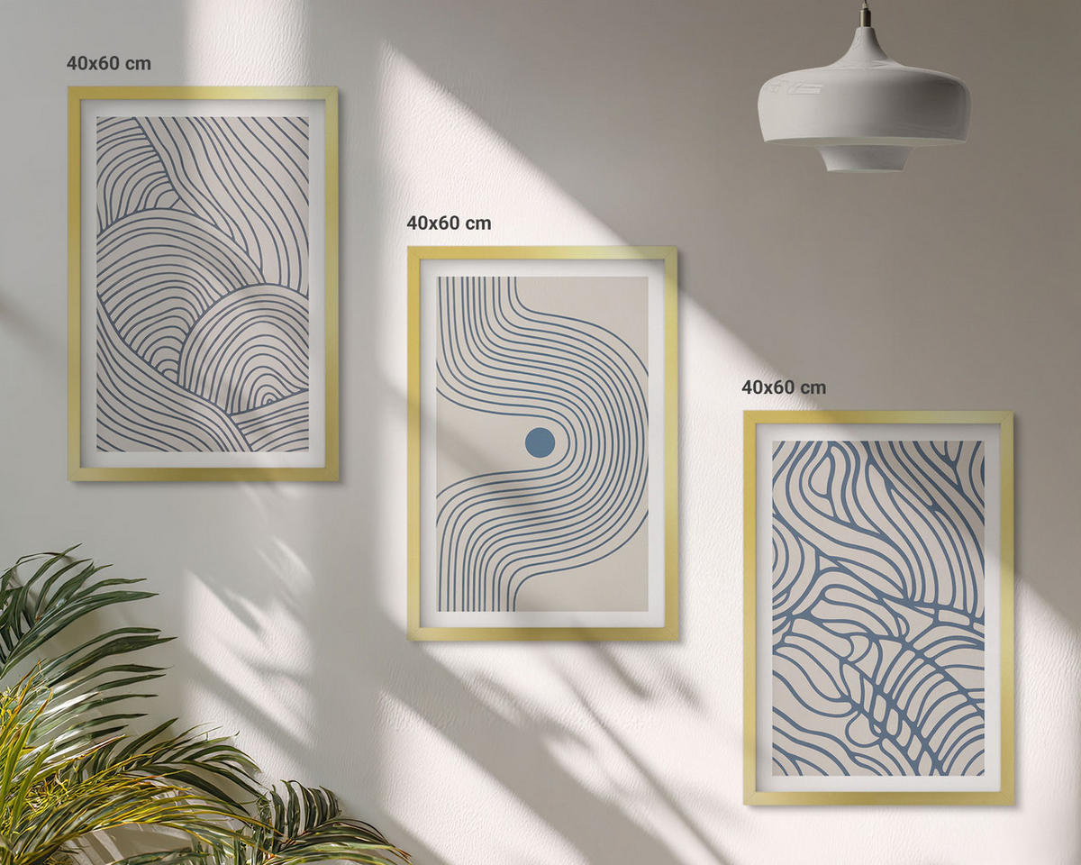 BILDER SET 3er Set - 40x60 cm Goldrahmen - Abstrakte Linien, Wellenformen - Goldfarben, Kunststoff (40/60cm) - TULUP