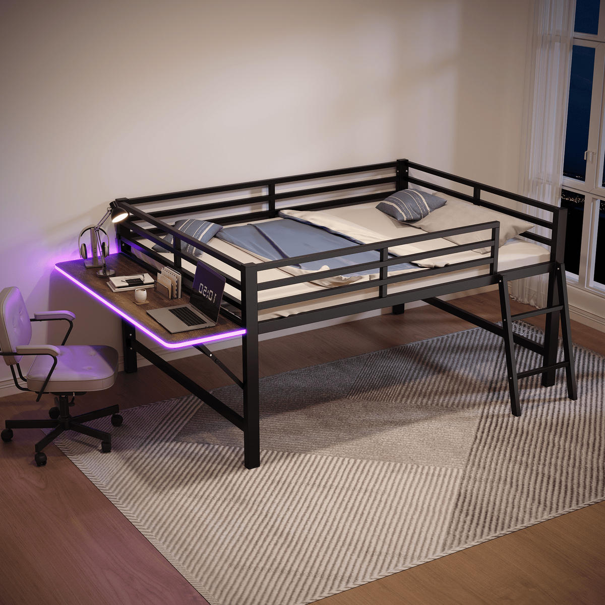 HOCHBETT 140/200 cm Schwarz mit LED und Schreibtisch - Schwarz, Metall (140/200cm) - MIVRAY