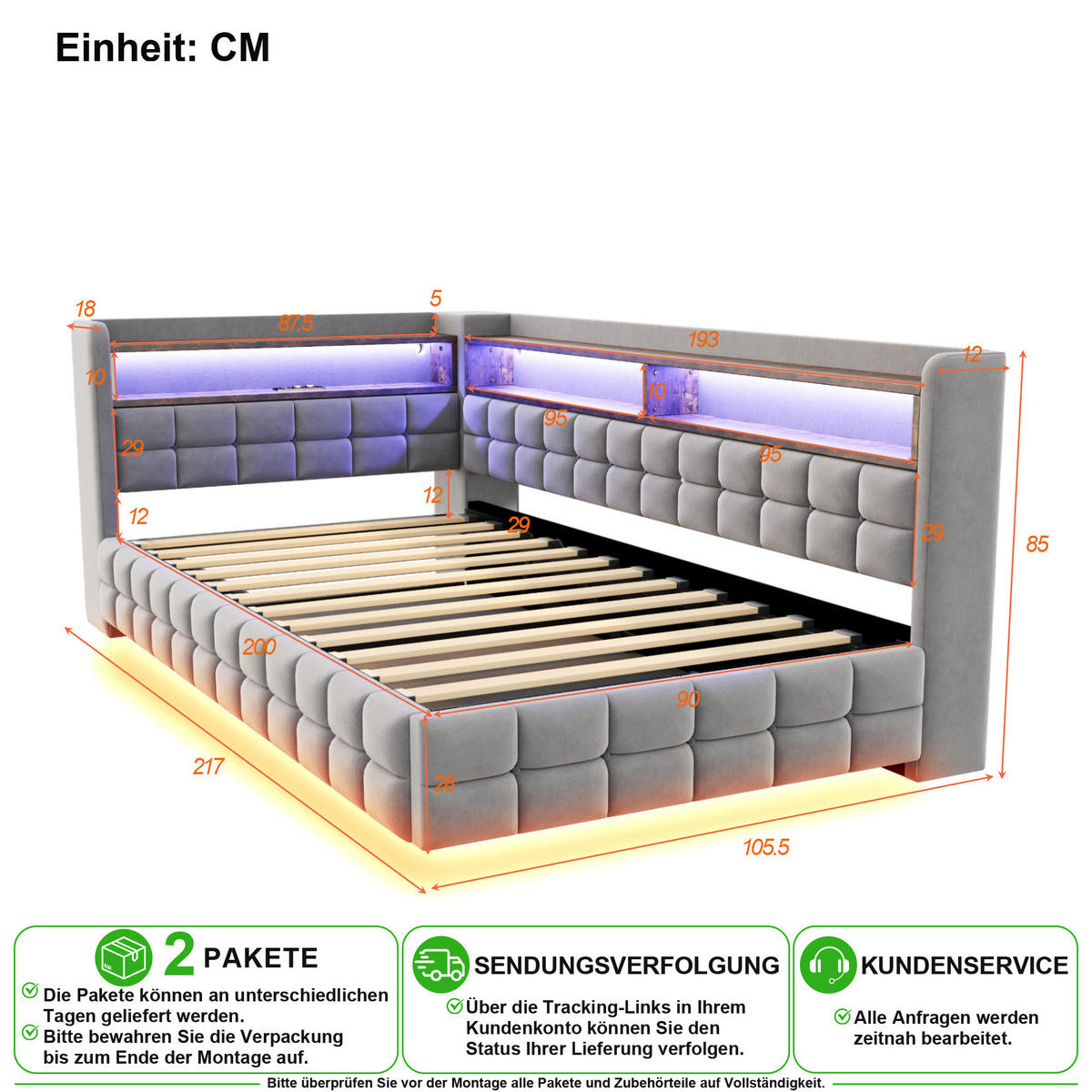 SCHLAFSOFA 90/200 cm in Hellgrau Samt mit Bettkasten, LED und USB/Type-C - Hellgrau, Holzwerkstoff/Textil (90/200cm) - CHICFURN