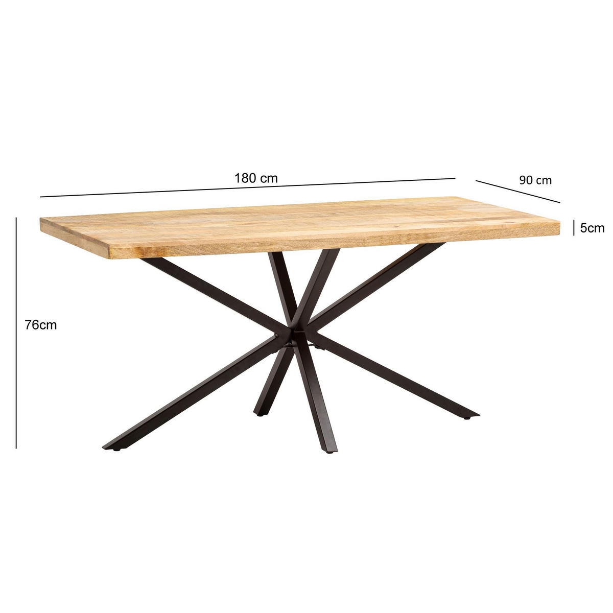 ESSTISCH Massivholz Metall Sterngestell Rechteckig Industrial, Mango 180x90x76 cm - Schwarz/Braun, Holz/Metall (90/180/76cm) - KADIMA DESIGN