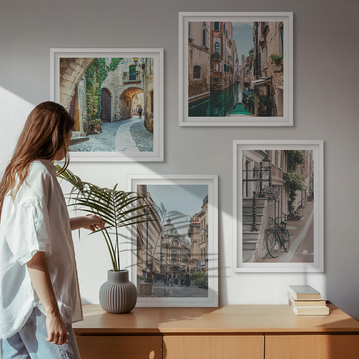 BILDER SET 4er Set - 50x50 cm & 40x60 cm Weißer Rahmen - Venezianische Straßen Wasserarchitektur - Weiß, Kunststoff (50/50cm) - TULUP
