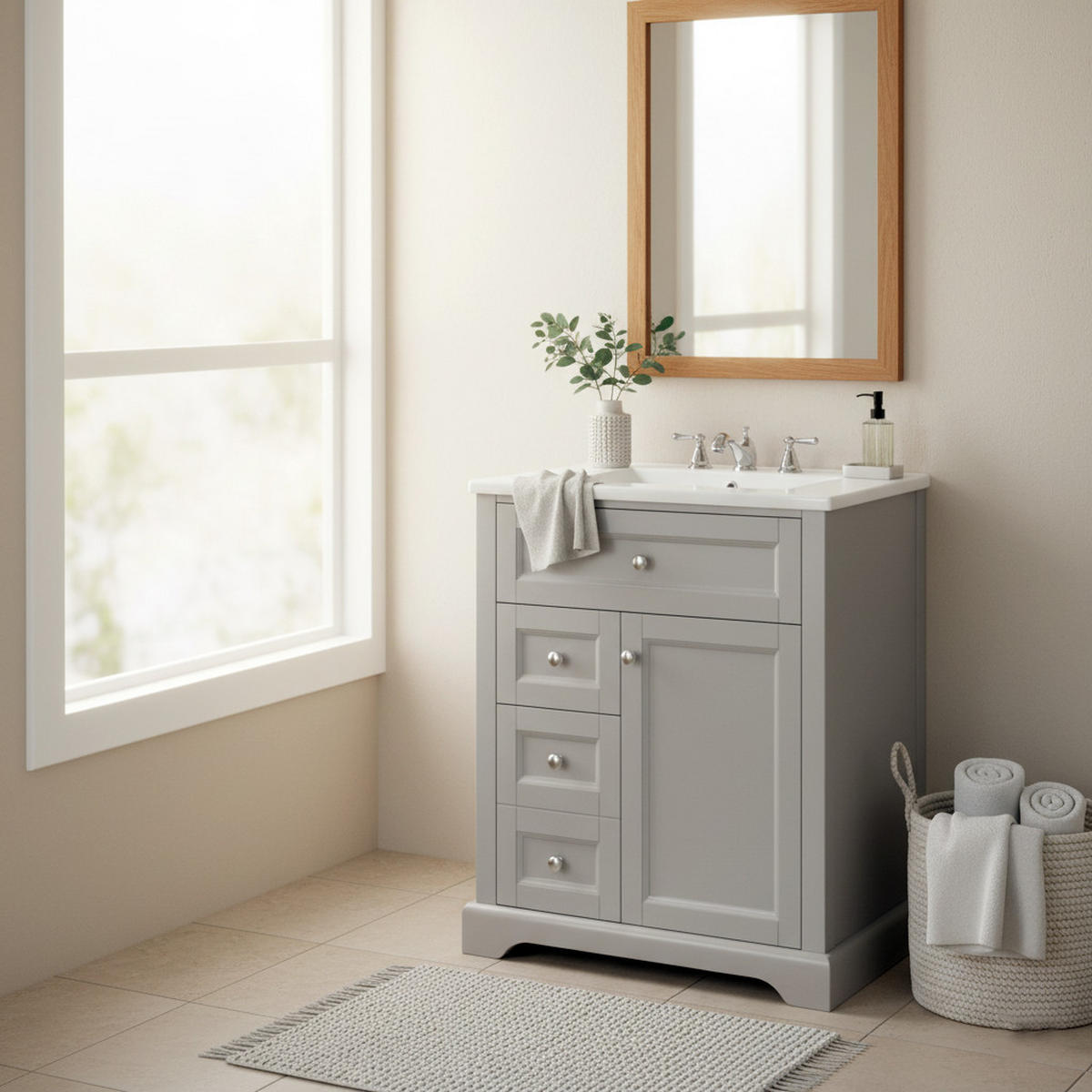 WASCHTISCHKOMBI Grau mit Soft-Close & Keramikbecken - Grau, Keramik/Holzwerkstoff (76/87/46cm) - Urban Meuble