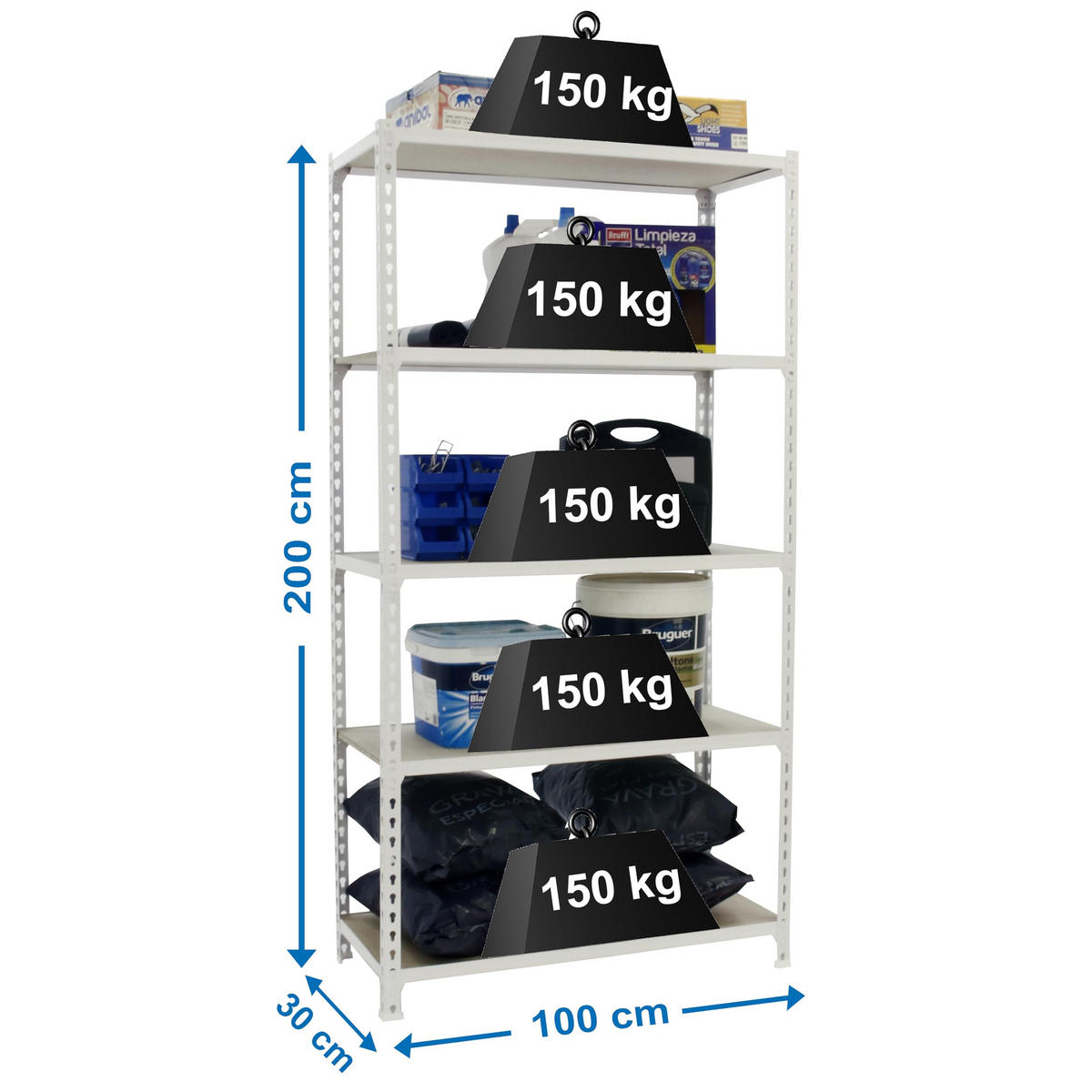 SCHWERLASTREGAL Big Muli HxBxT 200 x 100 x 30 cm 5 Fachböden Fachlast 150 kg Weiß - Weiß, Metall (100/200/30cm) - PROREGAL