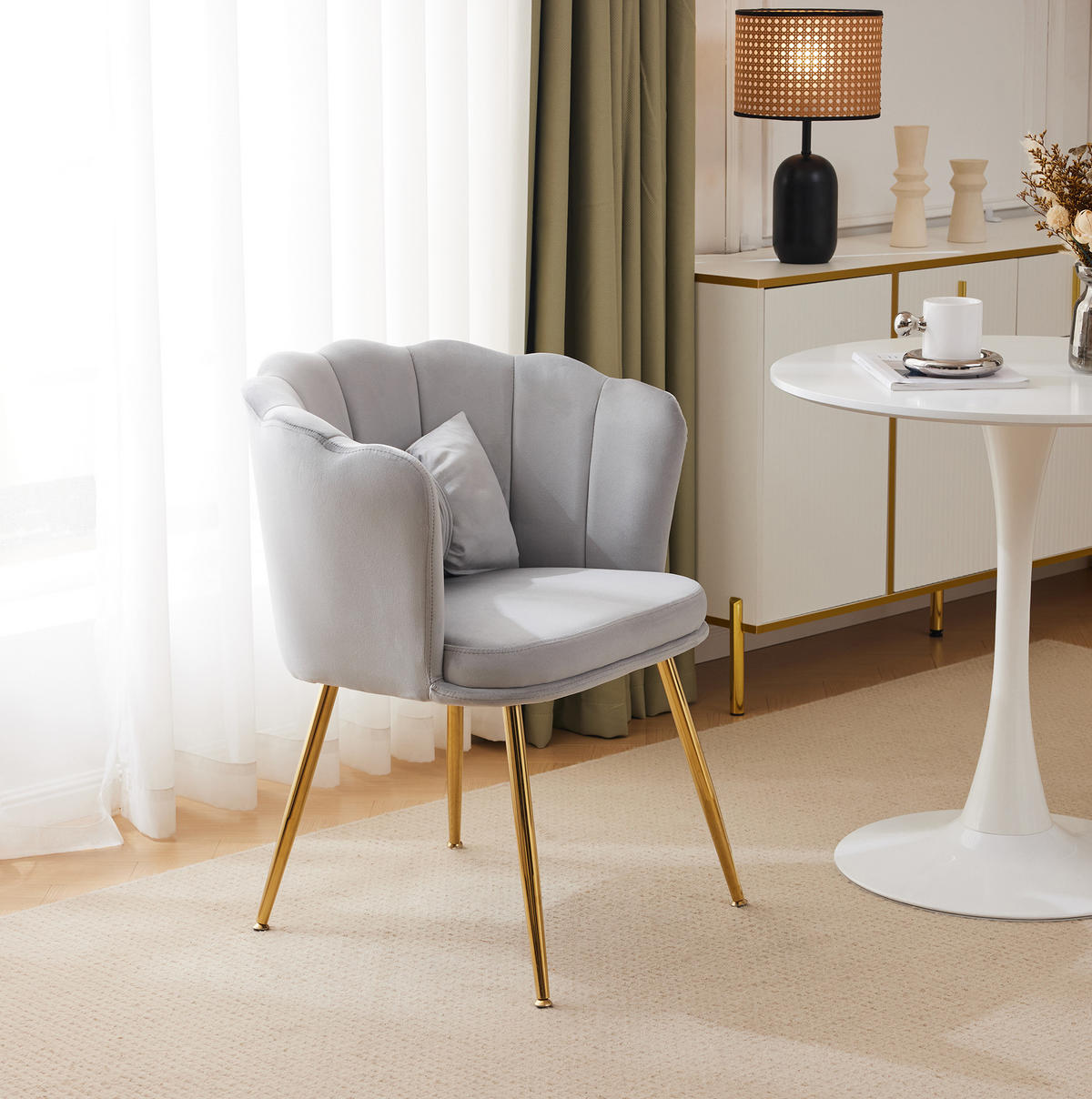 SESSEL 63x58x77 cm in Grau, Samt Blütenblatt, 9 cm Polster, vergoldete Metallbeine, ergonomisch - Grau, Textil (58/77/63cm) - Modfu