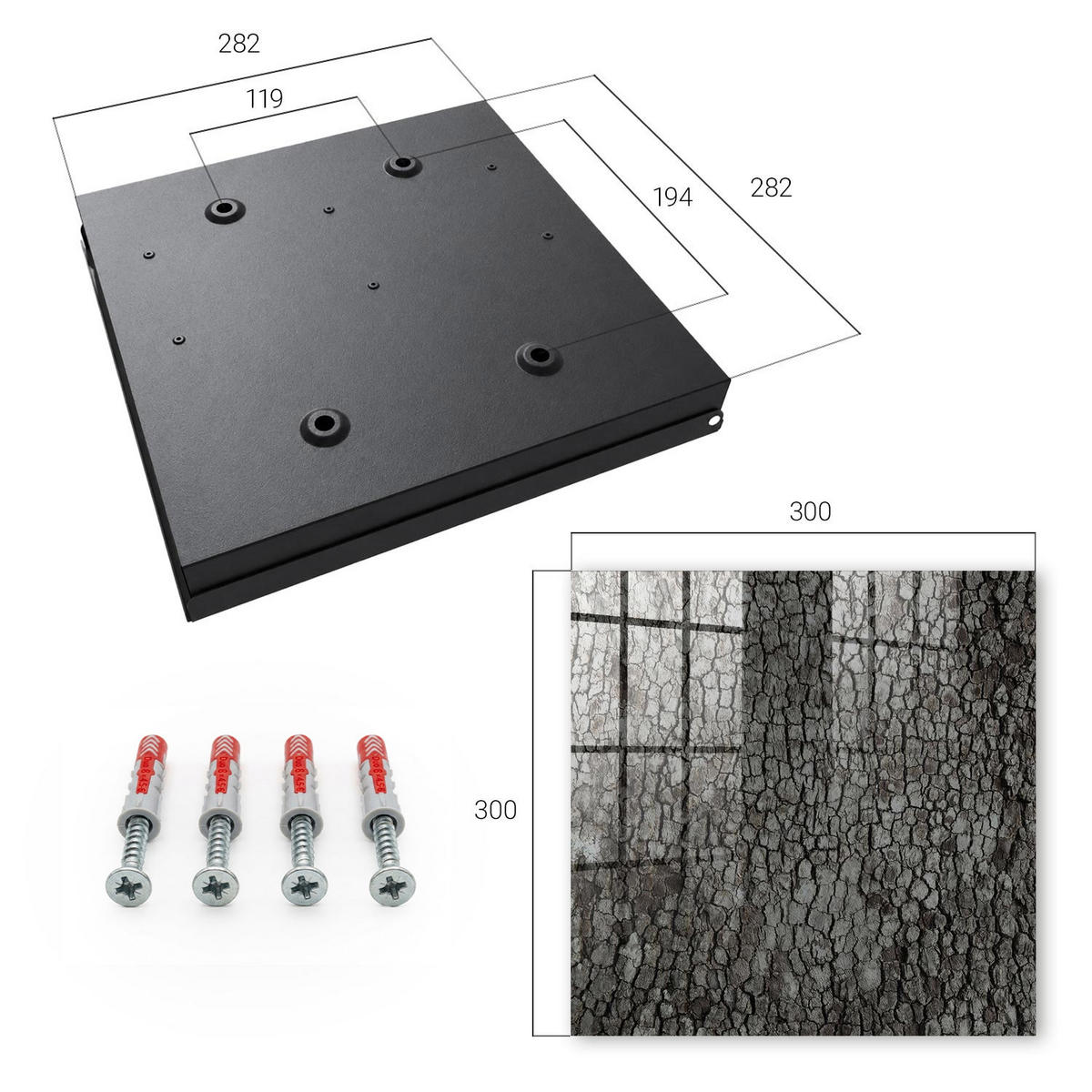SCHLÜSSELBOX Schwarz 30x30 cm- Türöffnung nach rechts - Baumrinde - Grau, Metall (30/30/5cm) - TULUP