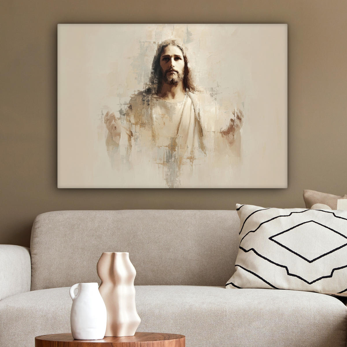 LEINWANDBILD Porträt - Abstrakt - Jesus - Beige Wandbilder 80x60 cm - Beige, Textil (80/60cm) - MuchoWow
