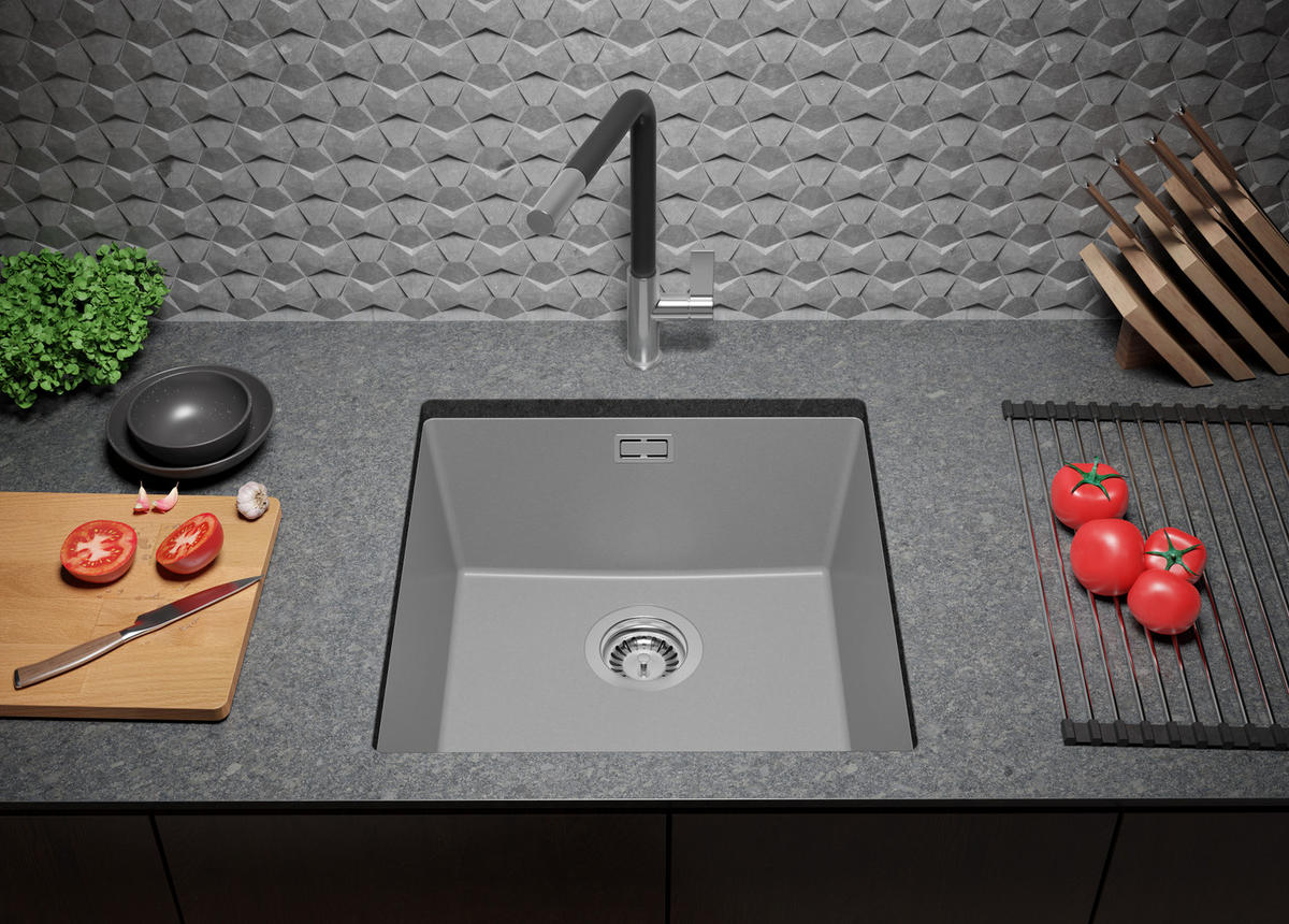 UNTERBAUSPÜLE GRANIT London, 2-er set Grau 46/47 cm 1 Becken + Ablauf-Set ab 50er Unterschrank - Chromfarben/Grau, Kunststoff (46/20/47cm) - Primagran