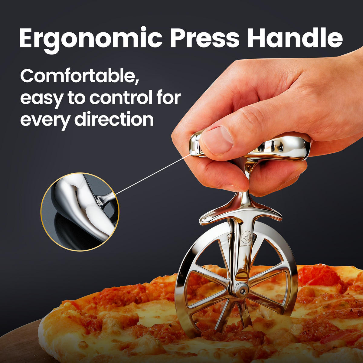 PIZZASCHNEIDER aus Edelstahl, extrem langlebig, rutschfest, ergonomisch, leicht zu reinigen - Edelstahlfarben, Metall (13/4.2/7.5cm) - Gourmet Easy