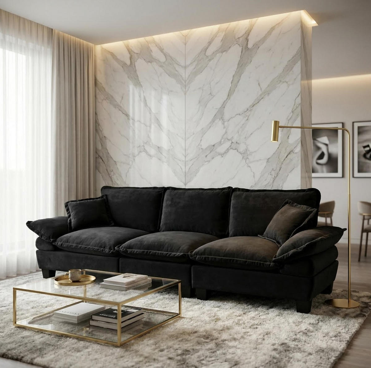 3-SITZER Sofa 263/82/90 cm mit geschwungenen Armlehnen und modularer Form, Chenille, Schwarz - Schwarz, Textil (263/90/82cm) - Redom