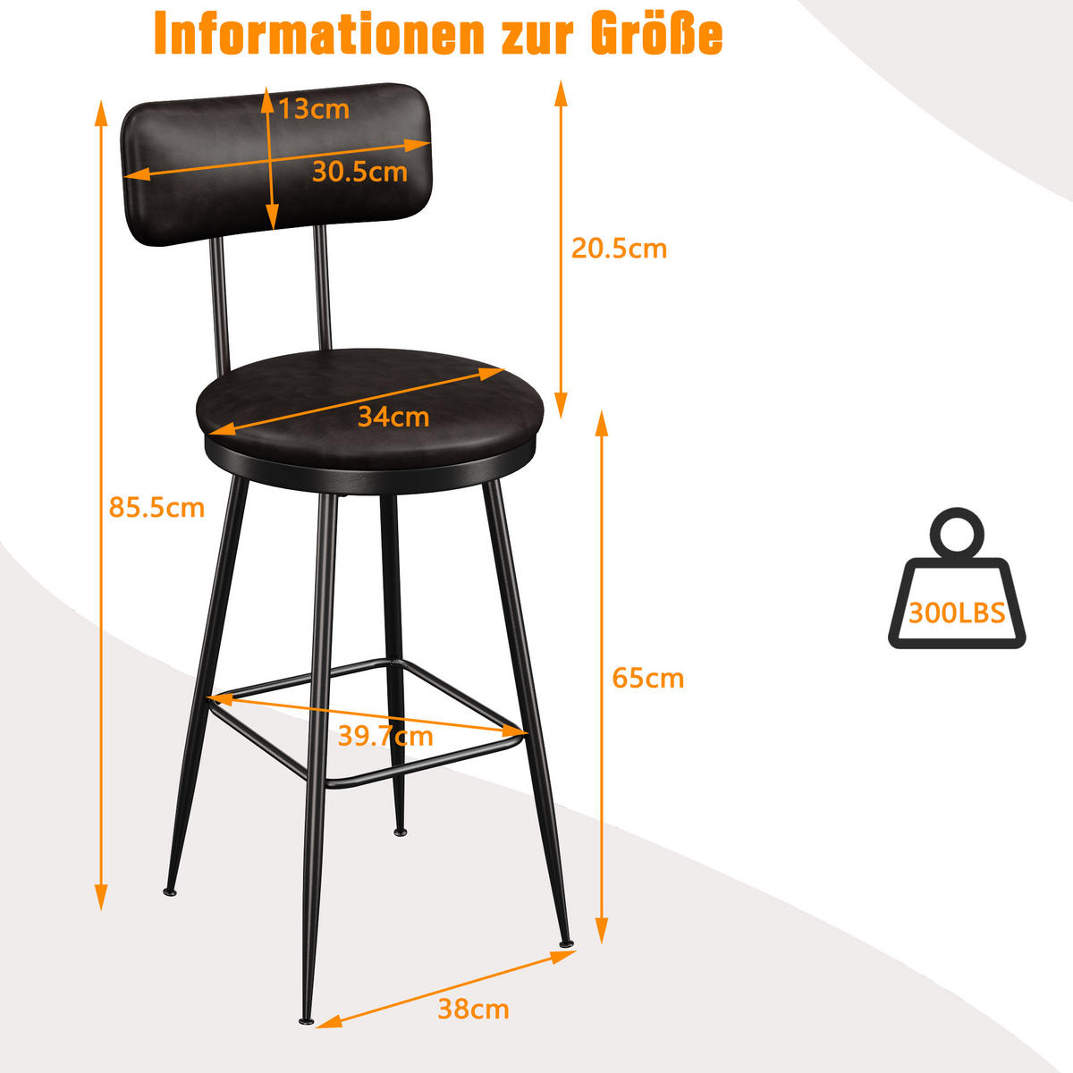 BARHOCKER 2er Set Metallgestell Kunstleder Rückenlehne Fußstütze 65 cm schwarz - Schwarz, Holz (38/85.5/38cm) - Fortuna Lai