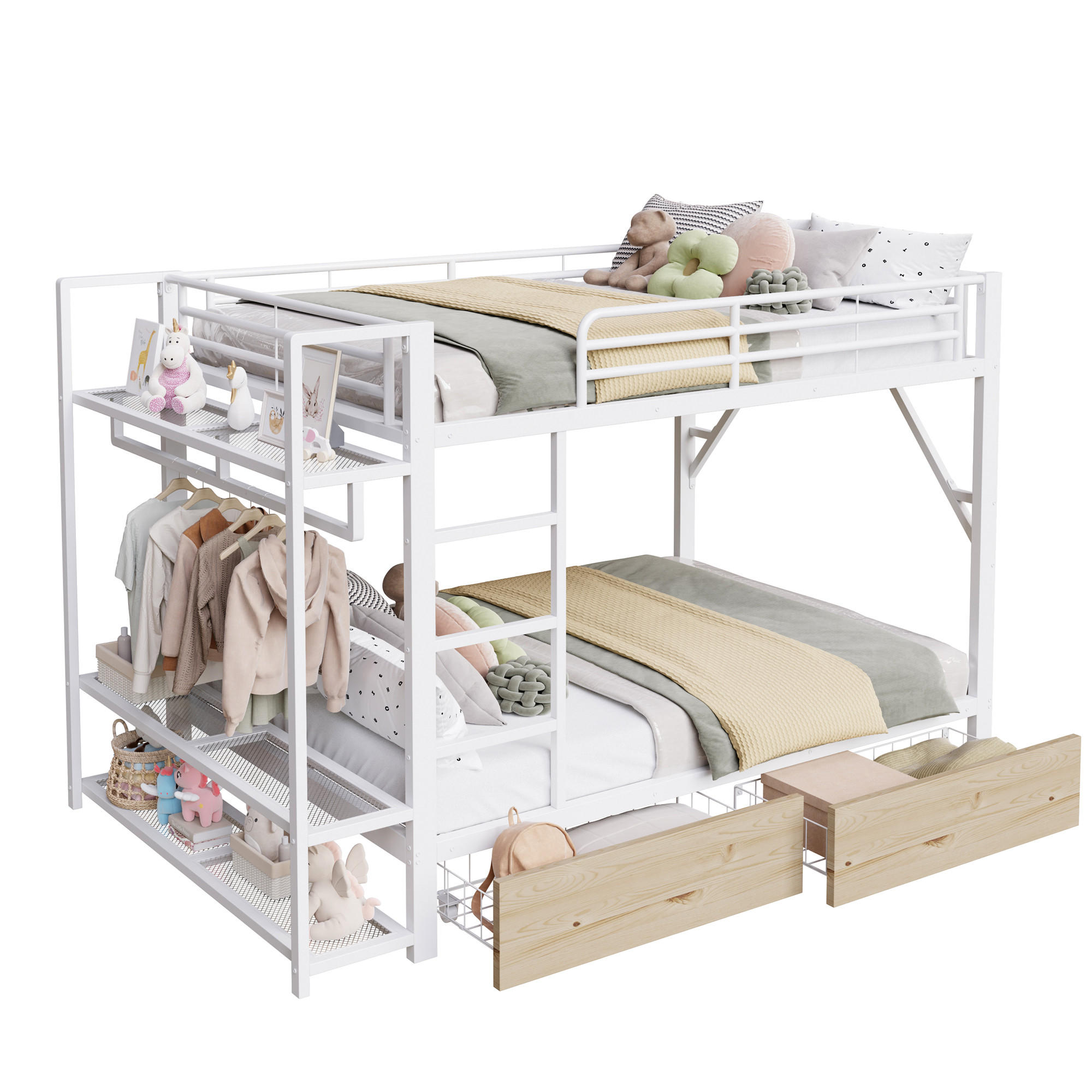 STILVORA ETAGENBETT 140/200 cm in Weiß mit 2 Schubladen, Regalen und LED Metall Design