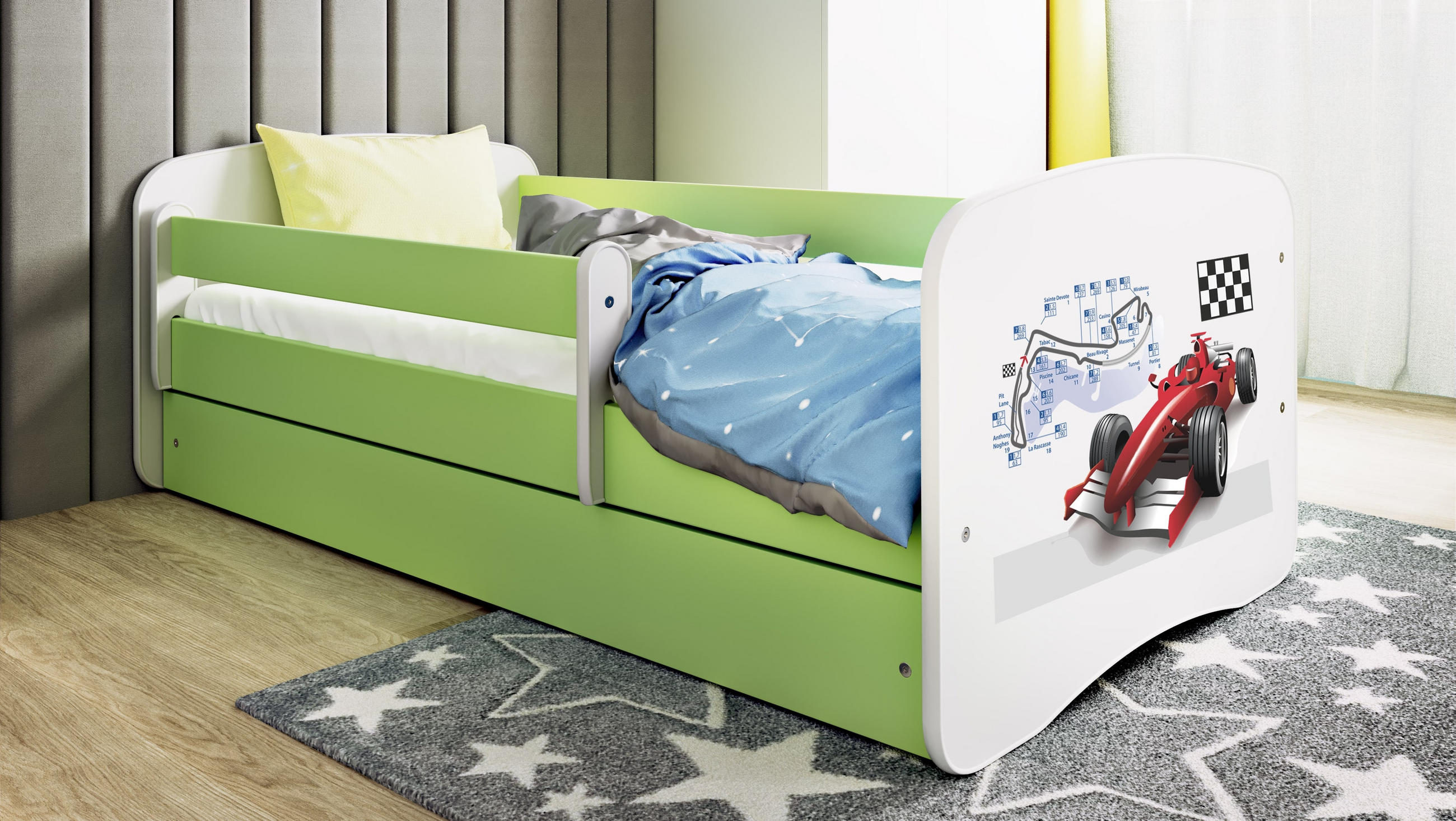 KINDERBETT Formel 1 70x140 cm mit Schublade, Rausfallschutz & Lattenrost, Grün - Grün, Holzwerkstoff (70/140cm) - RAUMHIRSCH FURNITURE