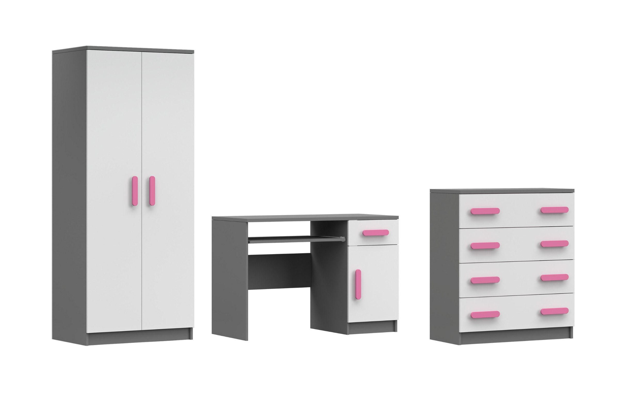 Deine Möbel 24 Kinderzimmer-Set Weiß, Grau, Rosa 270x50x192 cm