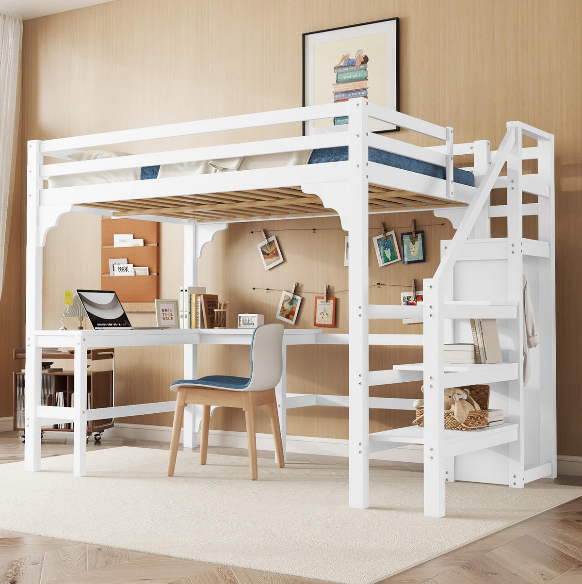 HOCHBETT 140/200 cm in Weiß mit Schreibtisch und offenem Kleiderschrank - Weiß, Holz (140/200cm) - Flora Grace