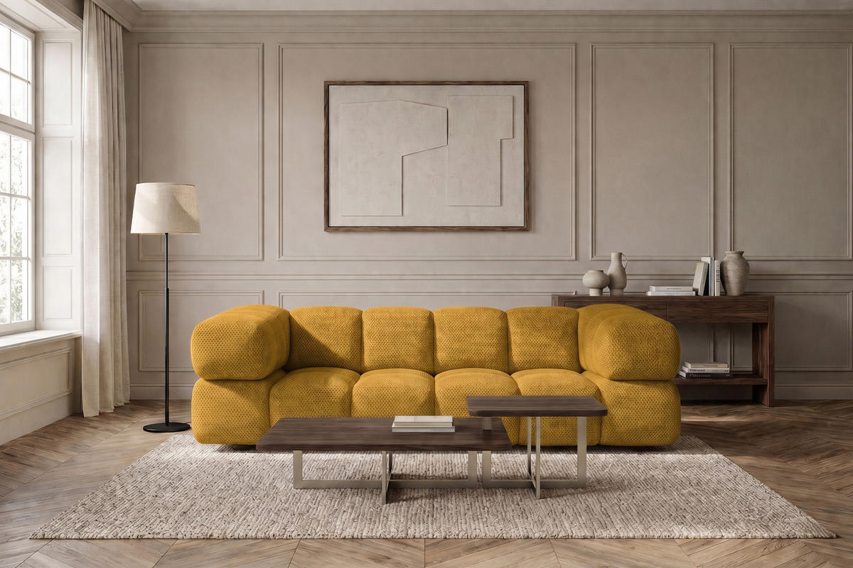 SOFA 3-SITZER, Strukturierter Premiumstoff Sonic, Senffarbe, Averro - Gelb, Holz (240/70/96cm) - Kaiser Möbel