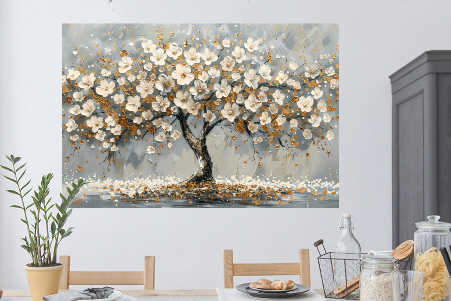 WANDTATTOO Baum - Blumen - Weiß - Natur - Kunst 120x80 cm - Weiß, Kunststoff (120/80/0.1cm) - MuchoWow