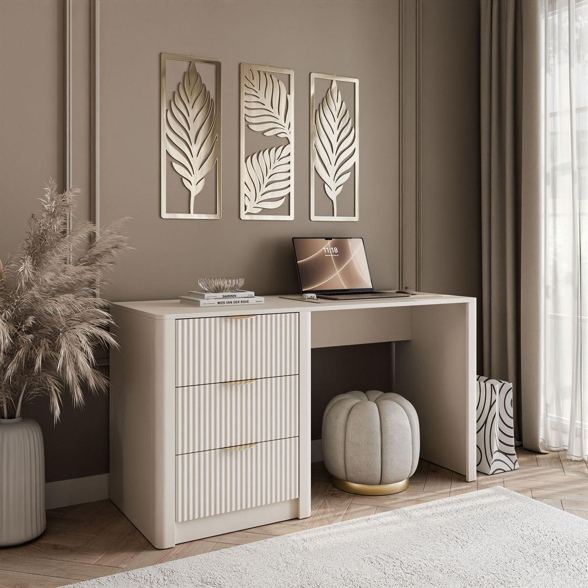 SCHREIBTISCH SCARLETT mit geriffelten Schubladen - Beige, Holzwerkstoff (55/140/76cm) - Lookway