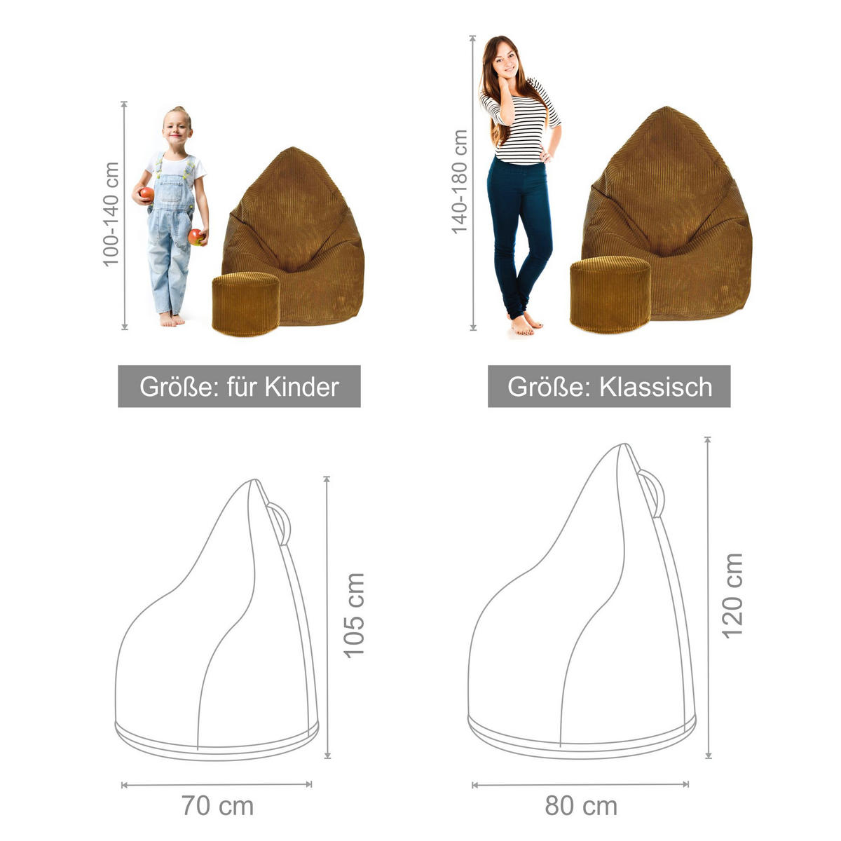 SITZSACK MIT FUßSTÜTZE Kordsamt 2-tlg Sugar Cookie S - Braun, Textil (70/105/70cm) - Dreamroots