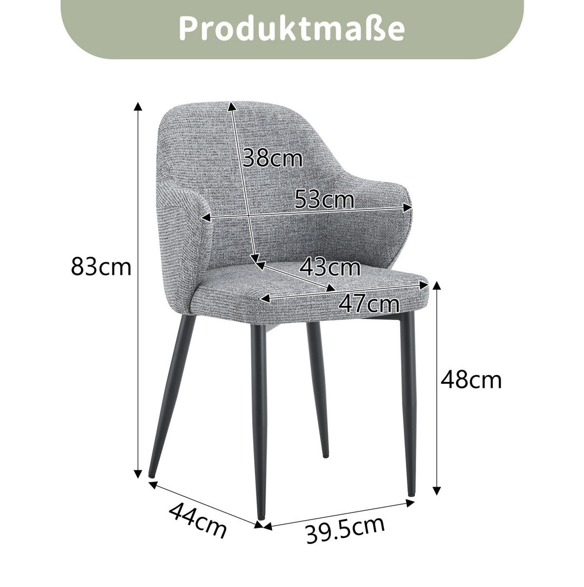 STUHL 2er-Set mit breiter Rückenlehne 83 cm Stoff Grau - Dunkelgrau, Metall (56.5/83/53cm) - Meubliv