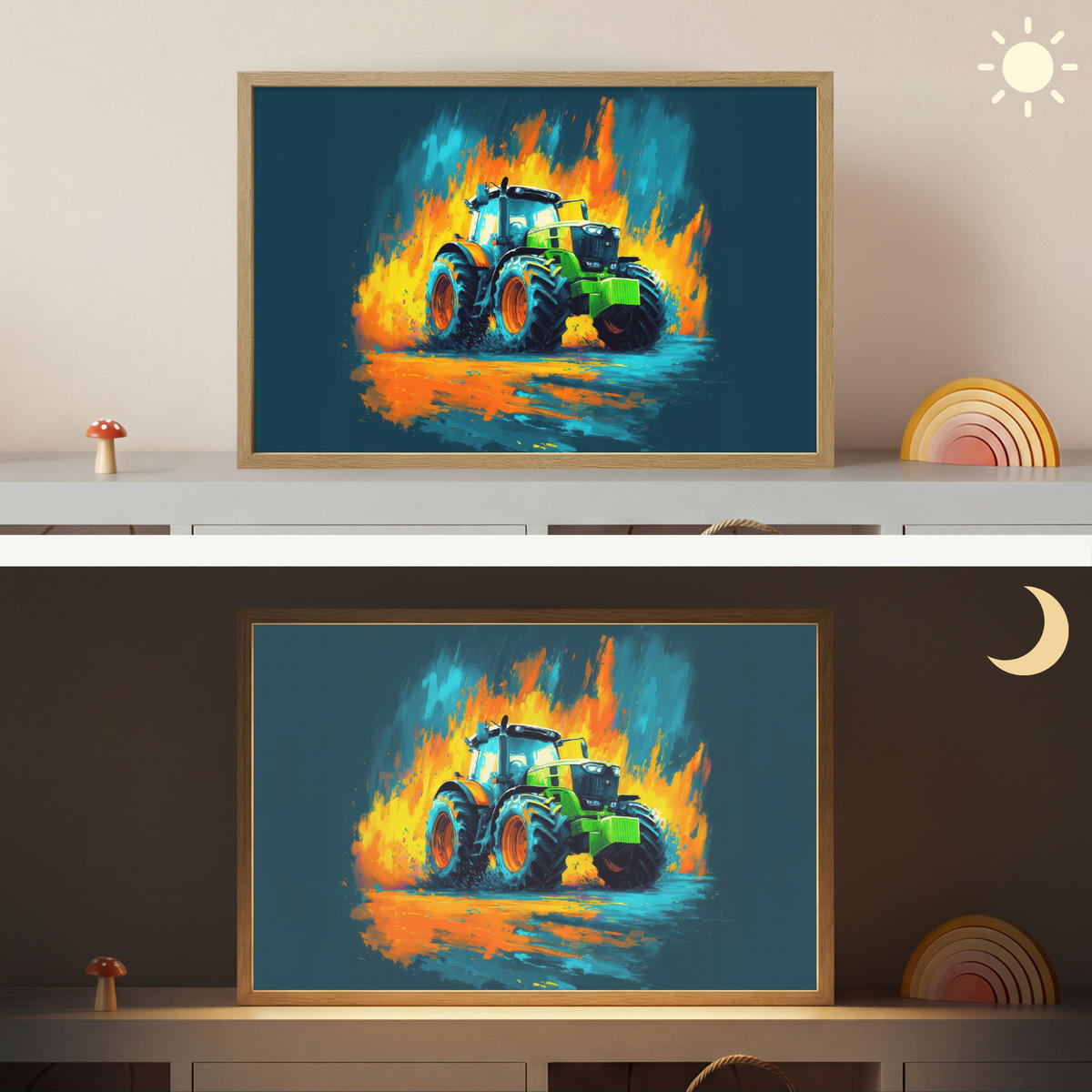 NÁSTĚNNÁ LAMPA S AKUMULÁTOREM Abstrakt - Traktor - Zelený 60x40 cm - tmavě modrá, kompozitní dřevo (60/40/8cm) - OnlyWow
