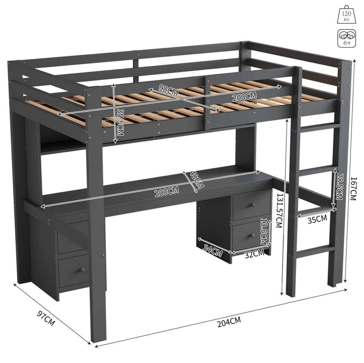 HOCHBETT aus Kiefernholz und MDF 90x200 cm Grau mit Schreibtisch, 4 Schubladen und Ablagefächern - Grau, Holz (90/200cm) - IVMEU