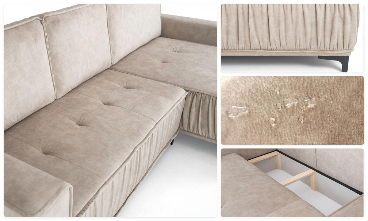 ECKSOFA Velora mit Schlaffunktion & Stauraum, Universell Rechts/Links, Grau Samt 270/92/150 cm - Schwarz/Grau, Textil/Metall (270/150cm) - WFL GROUP