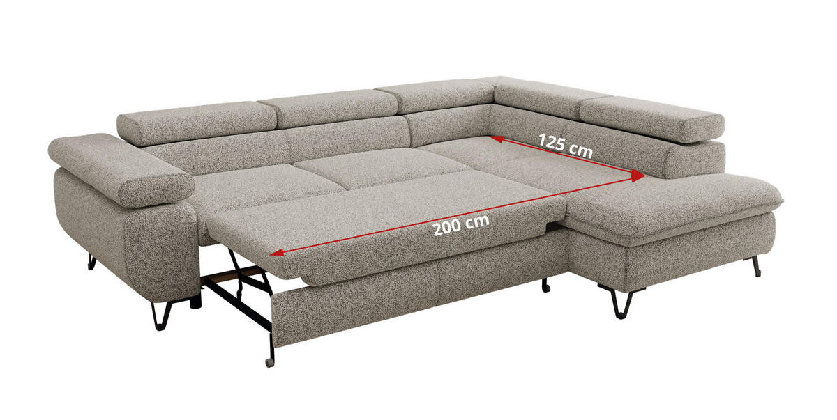 ECKSOFA PABLO L Hellgrau Struktur - Rechts Seite mit T25 Topper - Hellgrau/Schwarz, Textil/Metall (273/208cm) - MKS