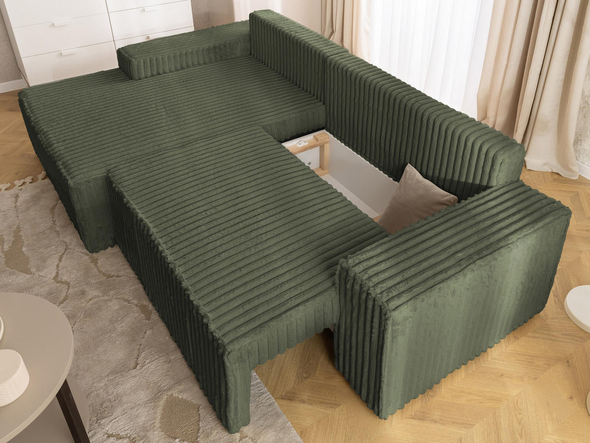 ECKSOFA Rivio mit Schlaffunktion und Bettkasten, Plüschcord Grün - Schwarz/Grün, Holz/Kunststoff (149/262cm) - S-Style